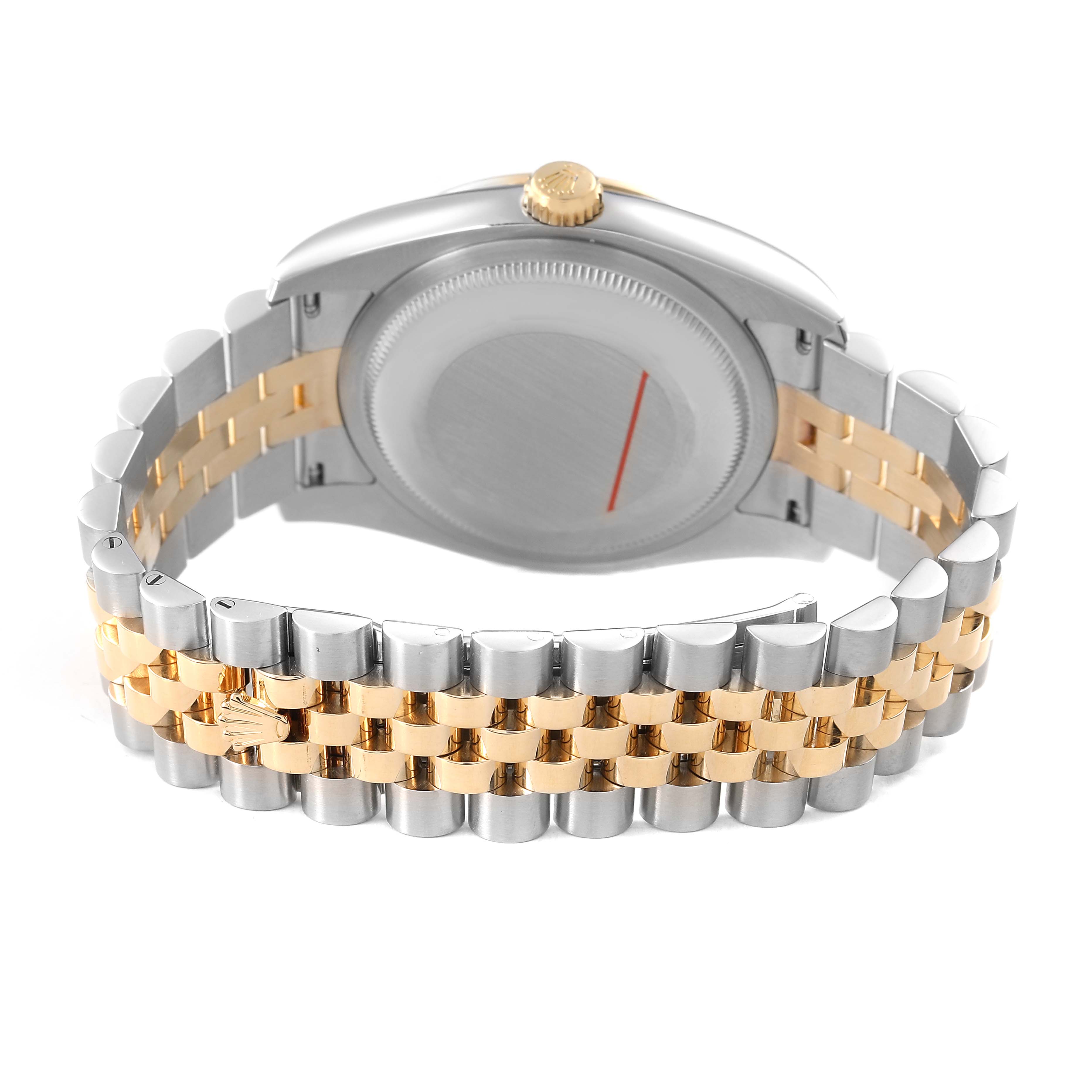 The image shows the backside and bracelet of the Rolex Datejust 116243 Men's Steel and Gold (two tone) Champagne Dial, highlighting the case back and Jubilee bracelet.