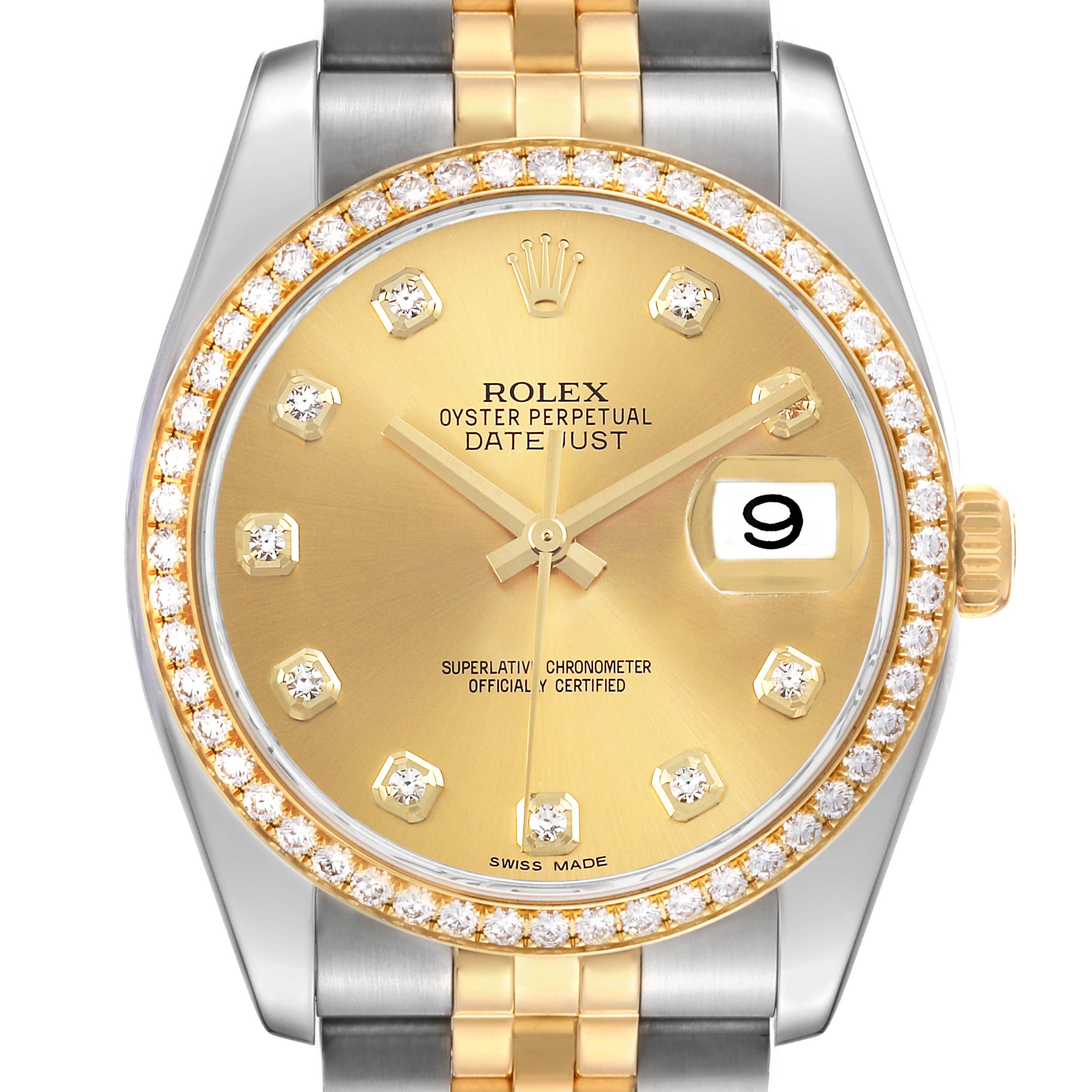 The Rolex Datejust 116243 Men's Steel and Gold (two tone) Champagne Dial watch is shown from a front angle, highlighting its diamond bezel, gold dial, hands, bracelet, and date window.