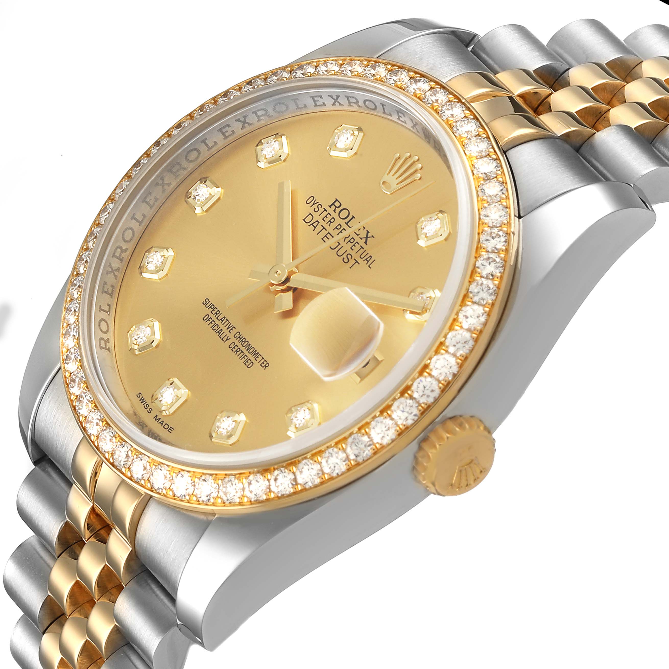 The Rolex Datejust 116243 Men's Steel and Gold (two tone) Champagne Dial watch is shown at a side angle, highlighting the face, diamond bezel, and two-tone bracelet.