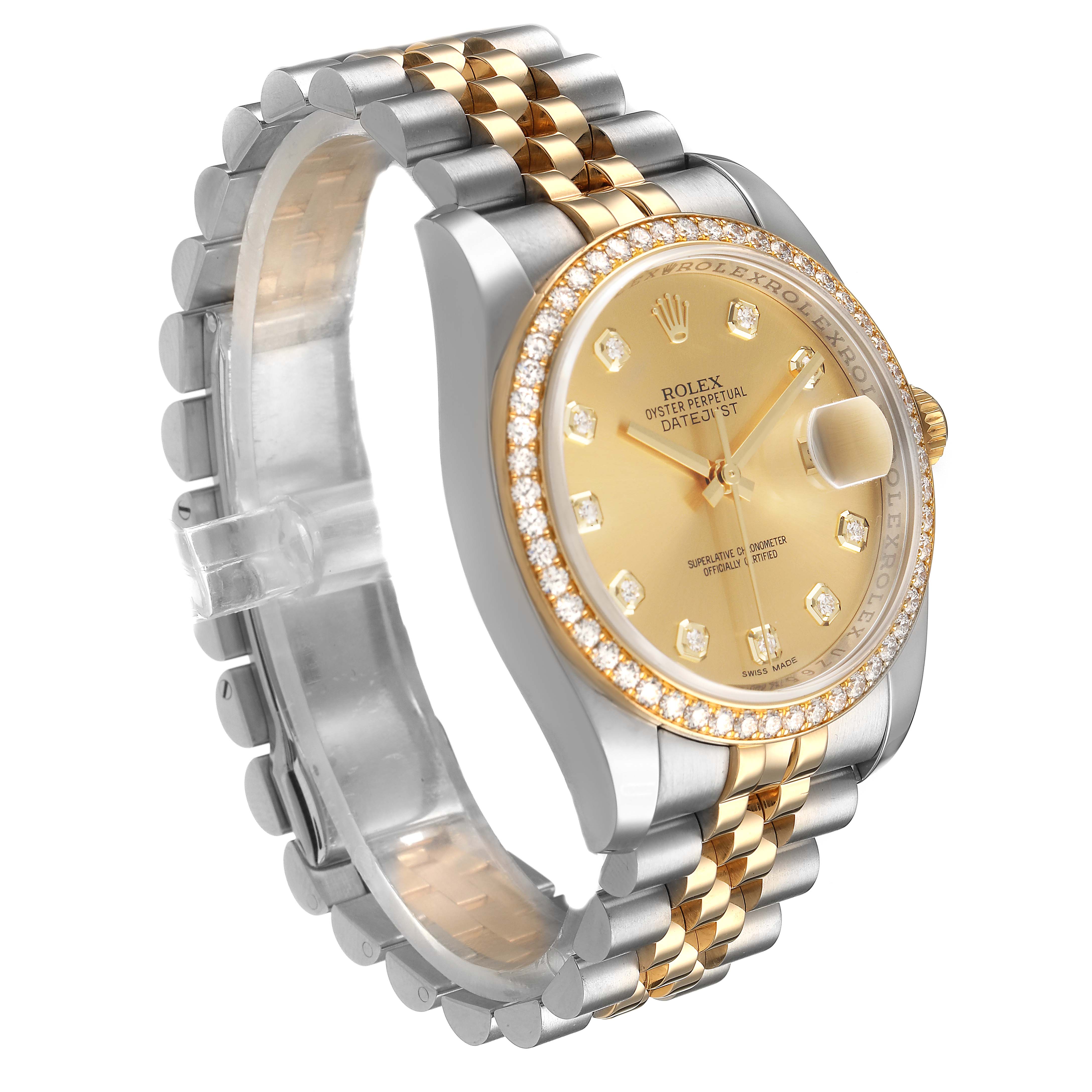 The Rolex Datejust 116243 Men's Steel and Gold (two tone) Champagne Dial watch is shown at an angled side view, highlighting the dial, bezel, and two-tone bracelet.