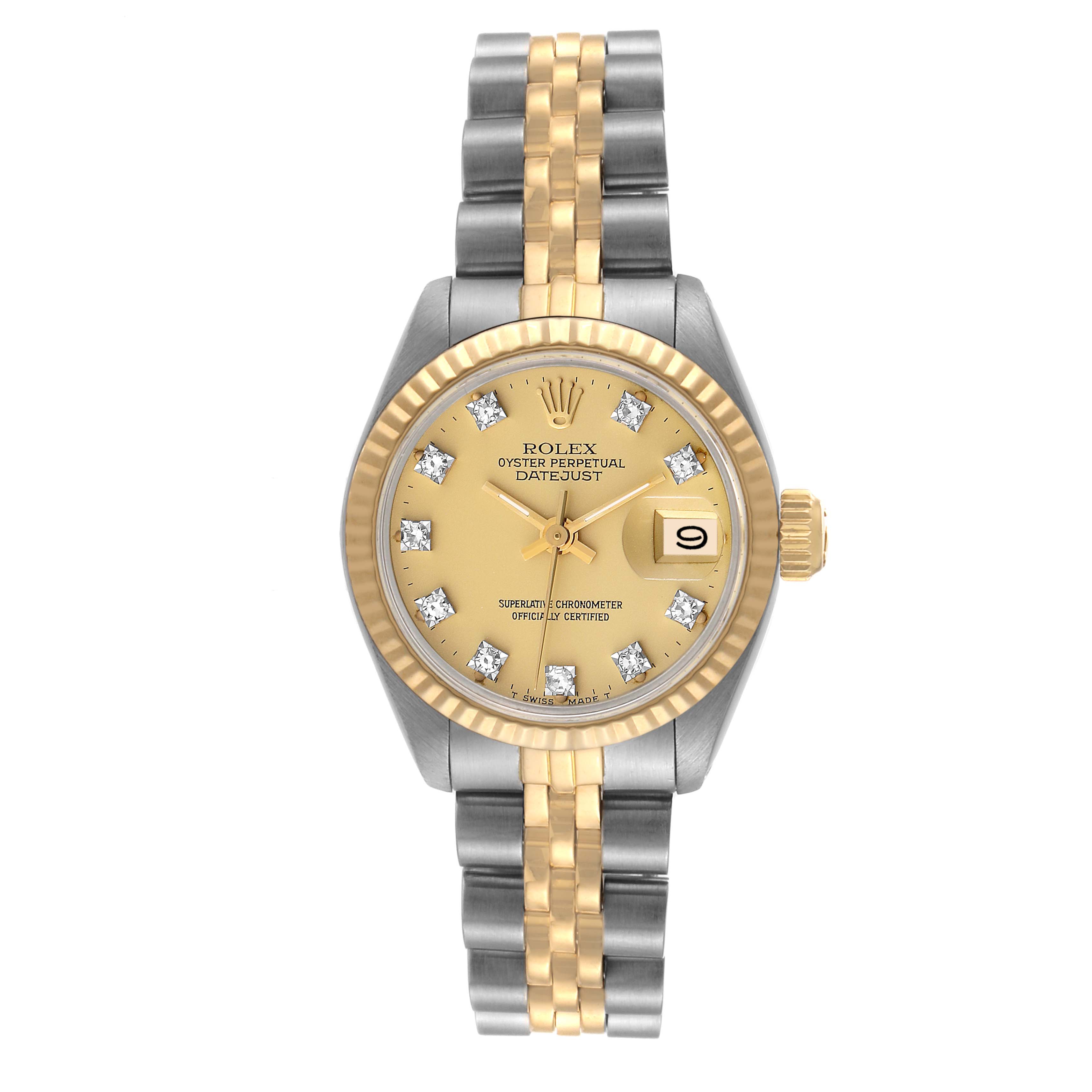 The Rolex Datejust 6917 Women's Steel and Gold (two tone) Champagne Dial 6917 Women's Steel and Gold (two tone) Champagne Dial watch is shown from the front, displaying the dial, bezel, and two-tone bracelet.