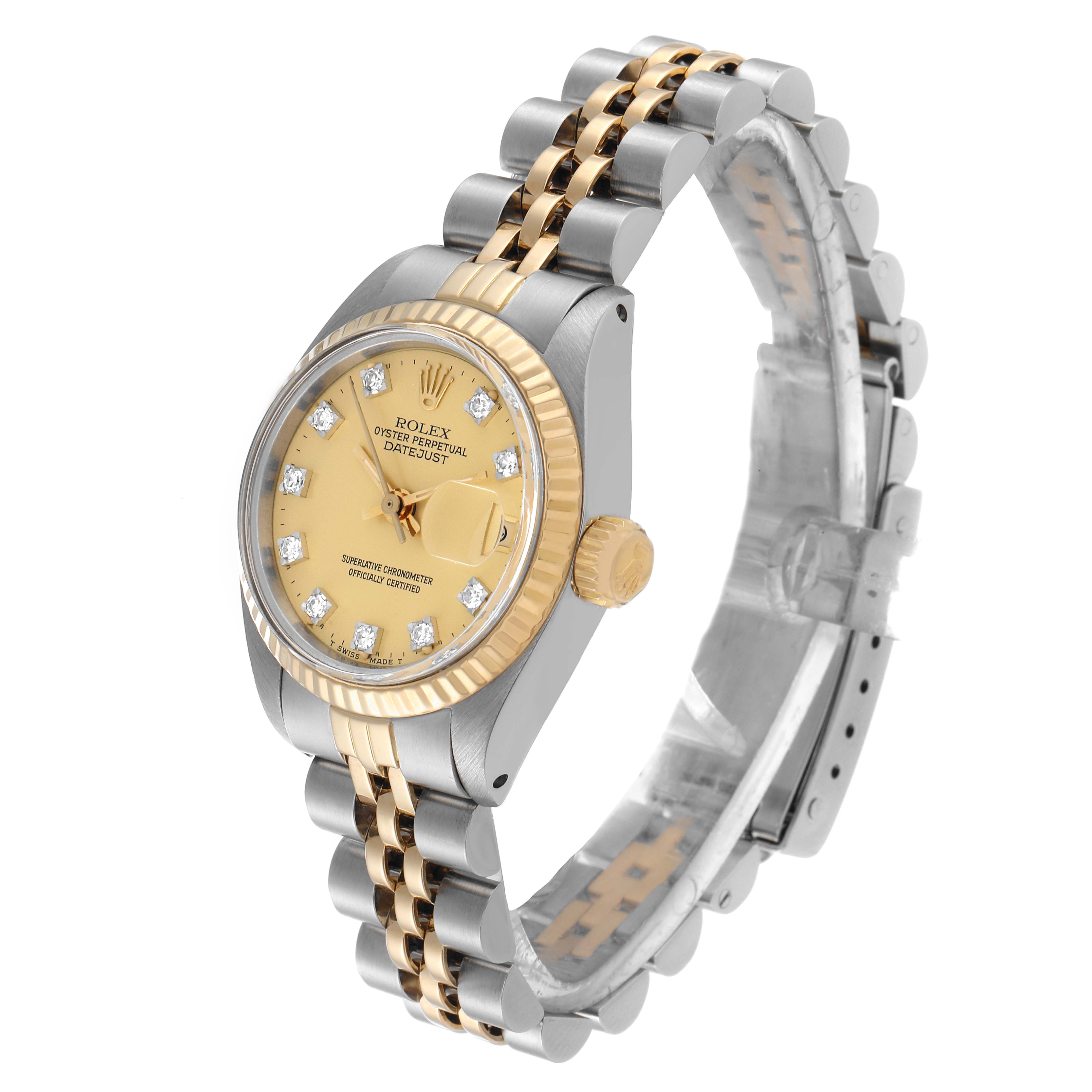 This image shows a Rolex Datejust 6917 Women's Steel and Gold (two tone) Champagne Dial 6917 Women's Steel and Gold (two tone) Champagne Dial watch from a three-quarter angle, displaying the face, bezel, crown, and bracelet.