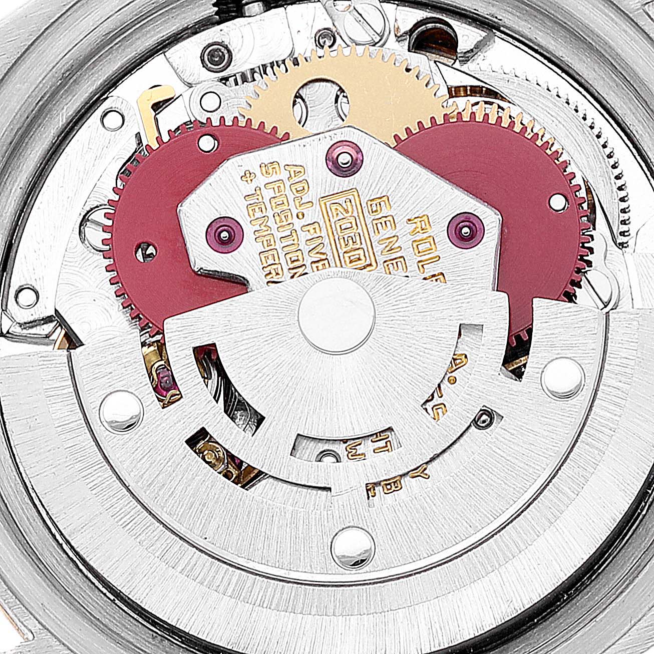 This image shows a close-up view of the movement mechanism inside a Rolex Datejust 6917 Women's Steel and Gold (two tone) Champagne Dial 6917 Women's Steel and Gold (two tone) Champagne Dial watch.