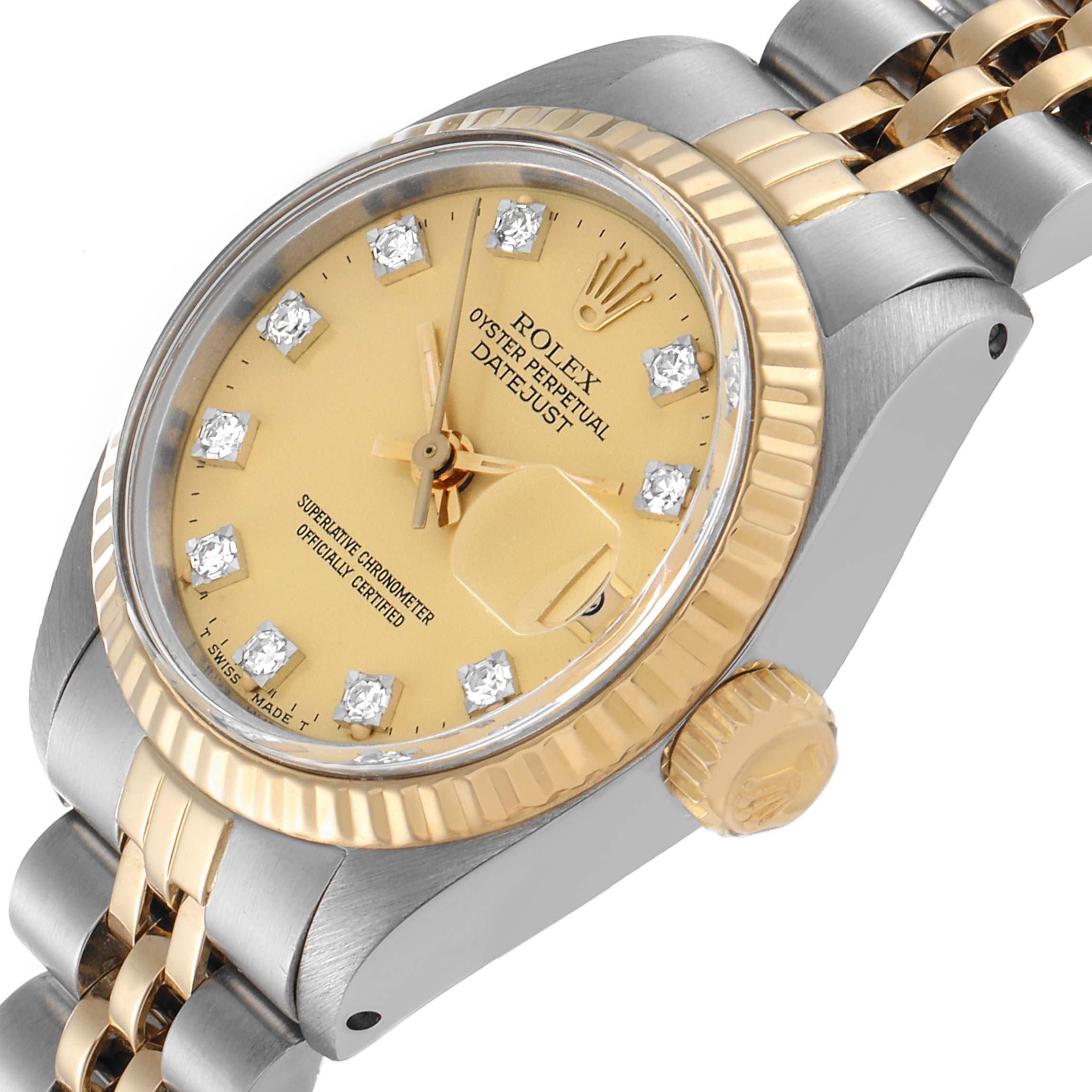 This image shows the face, crown, and part of the band of a Rolex Datejust 6917 Women's Steel and Gold (two tone) Champagne Dial 6917 Women's Steel and Gold (two tone) Champagne Dial model at a slight angle from above.