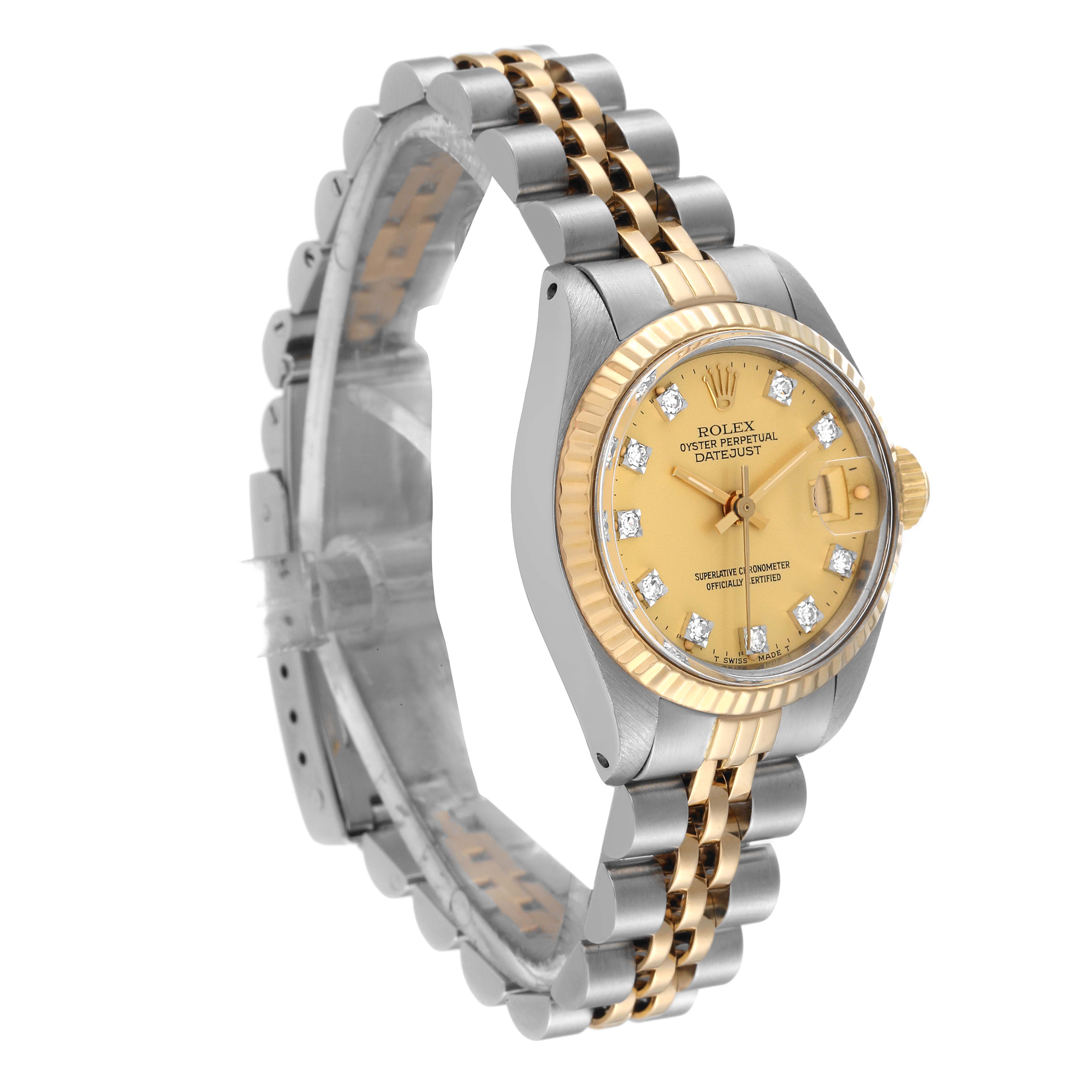 This image shows a Rolex Datejust 6917 Women's Steel and Gold (two tone) Champagne Dial 6917 Women's Steel and Gold (two tone) Champagne Dial watch at a slight angle, highlighting the face, bezel, and two-tone bracelet.