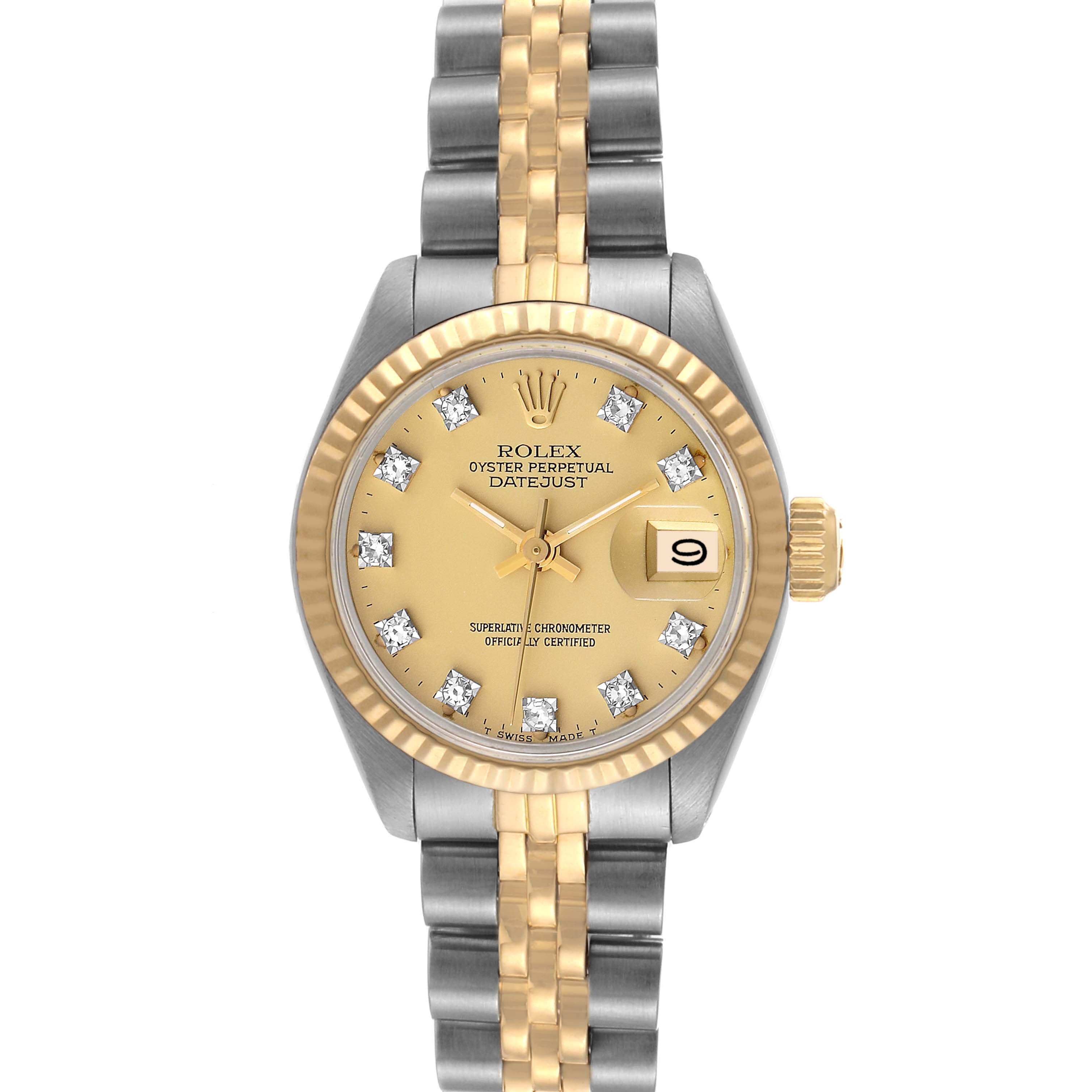 This image shows a front view of a Rolex Datejust 6917 Women's Steel and Gold (two tone) Champagne Dial 6917 Women's Steel and Gold (two tone) Champagne Dial watch with a gold and silver bracelet, a gold dial, and diamond hour markers.