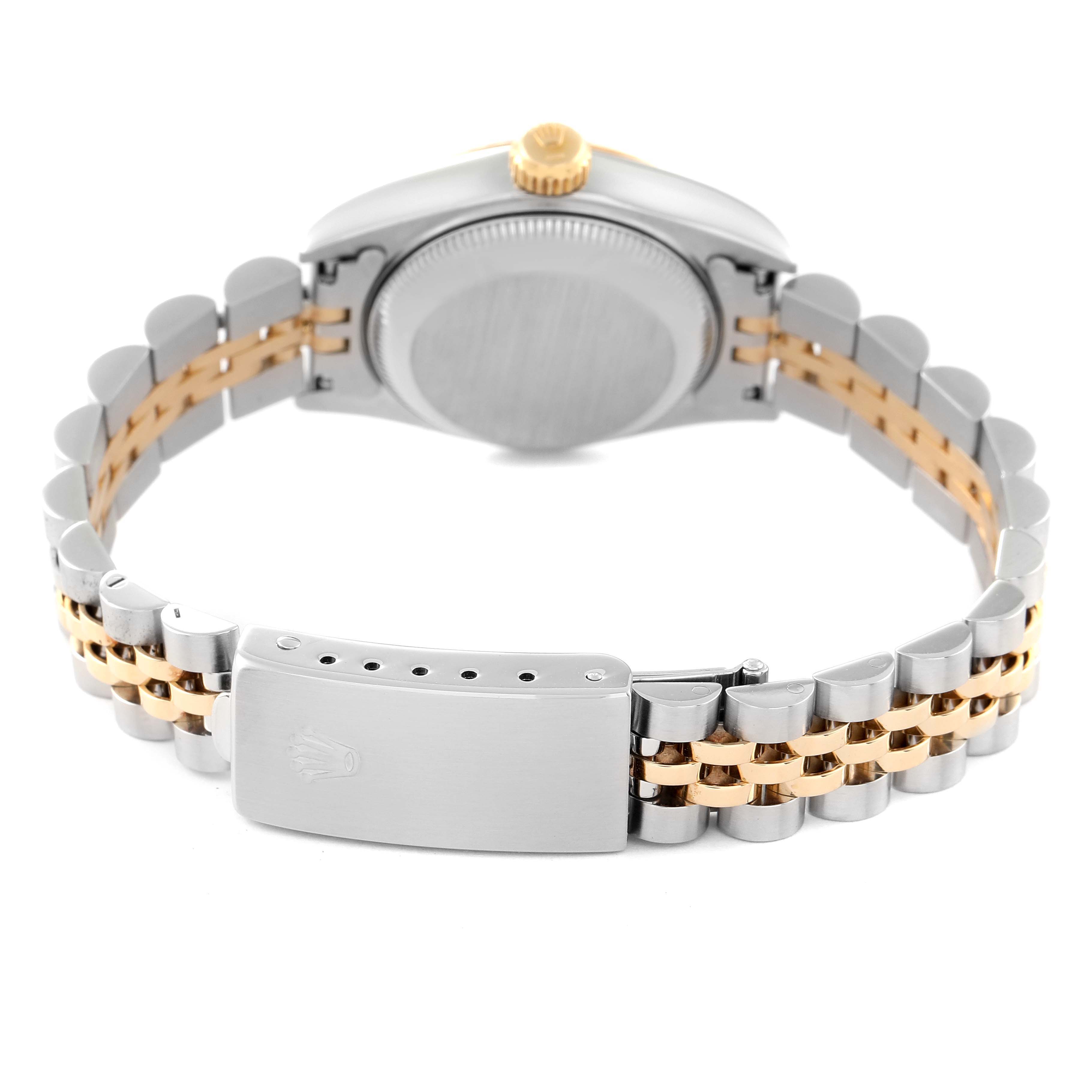 This image shows the back view of a Rolex Datejust 69173 Women's Steel and Gold (two tone) Champagne Dial 69173 Women's Steel and Gold (two tone) Champagne Dial watch, focusing on the case back and two-tone bracelet.