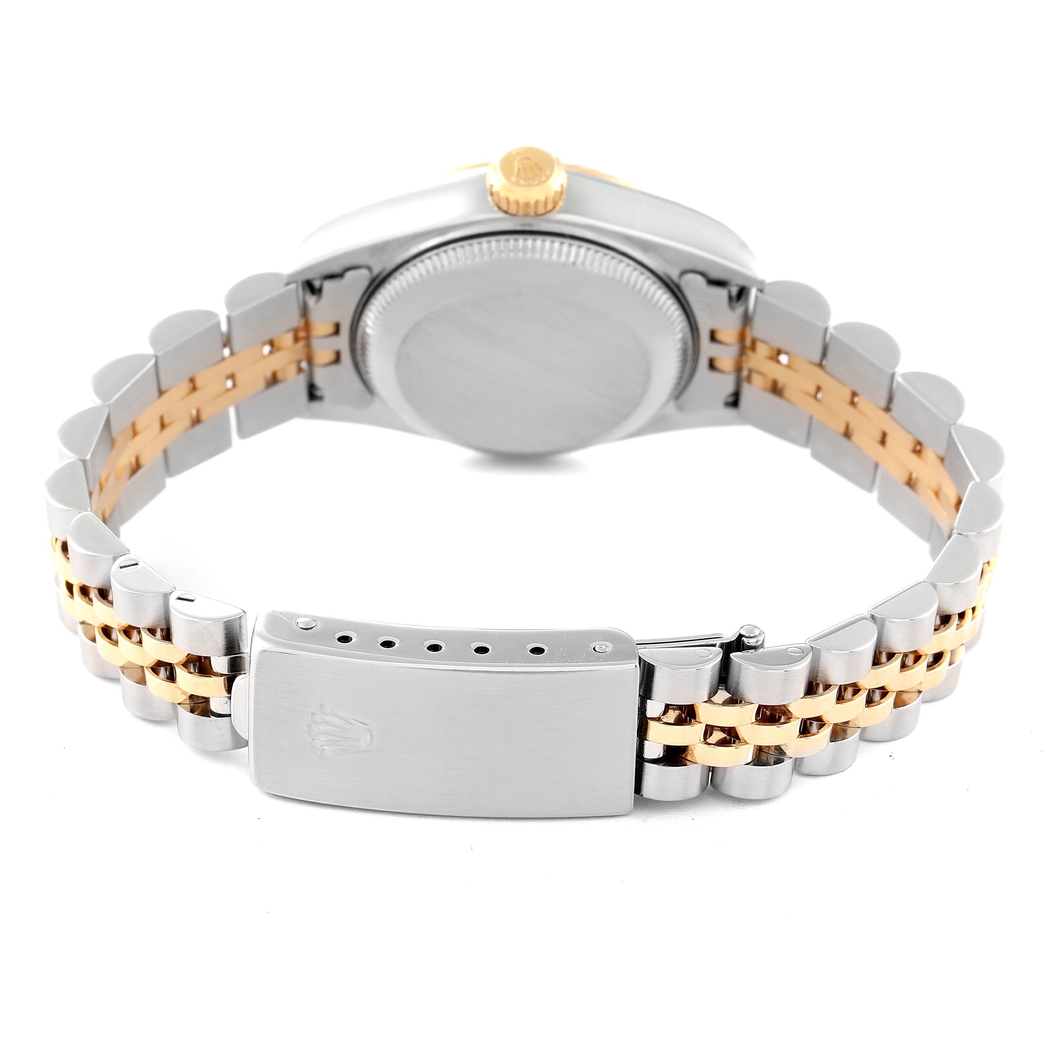 The image shows the back view of a Rolex Datejust 79173 Women's Steel and Gold (two tone) Champagne Dial 79173 Women's Steel and Gold (two tone) Champagne Dial watch, highlighting the case back and the two-tone bracelet with a clasp.