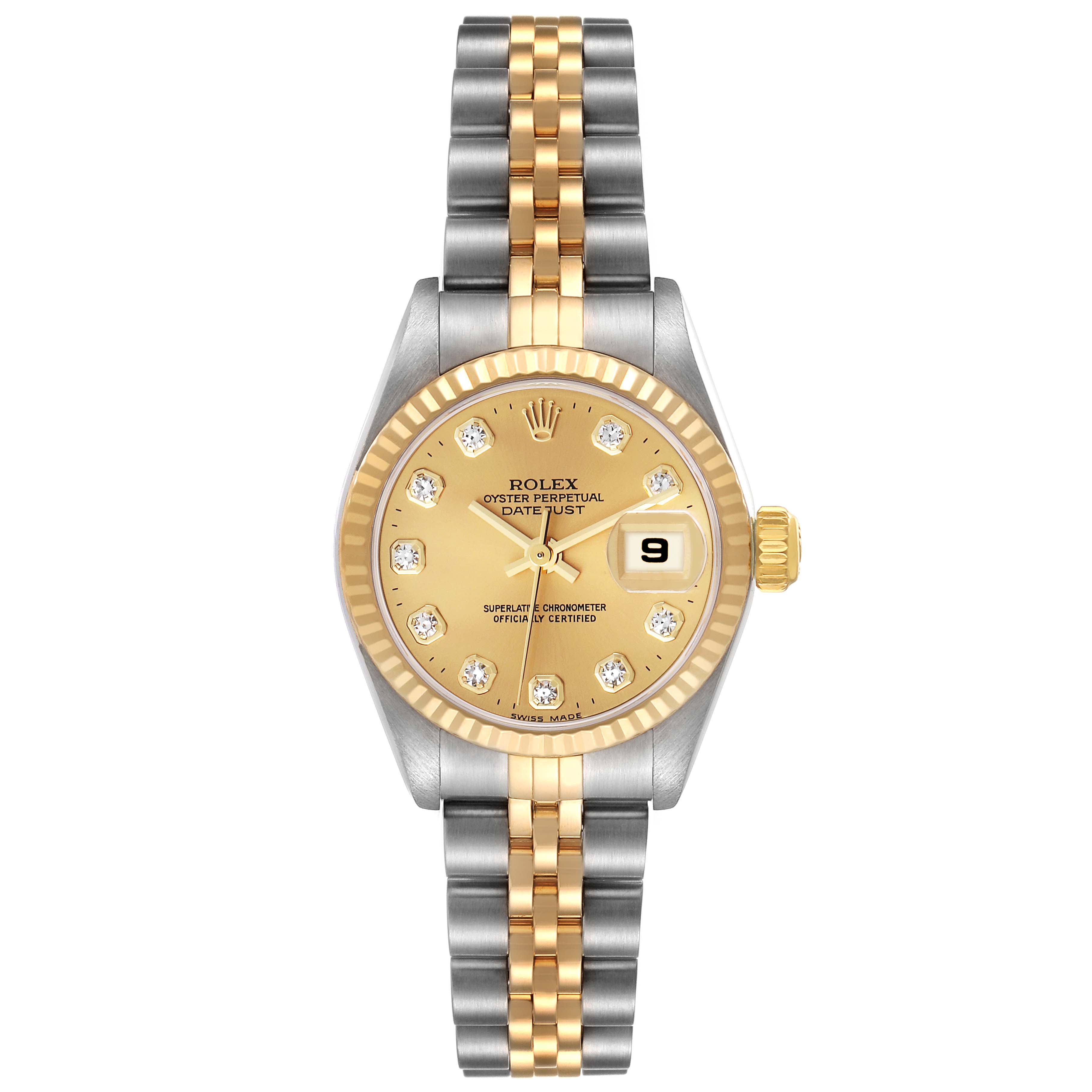 The image shows a Rolex Datejust 79173 Women's Steel and Gold (two tone) Champagne Dial 79173 Women's Steel and Gold (two tone) Champagne Dial watch from a top-down angle, displaying the face, bezel, and bracelet.