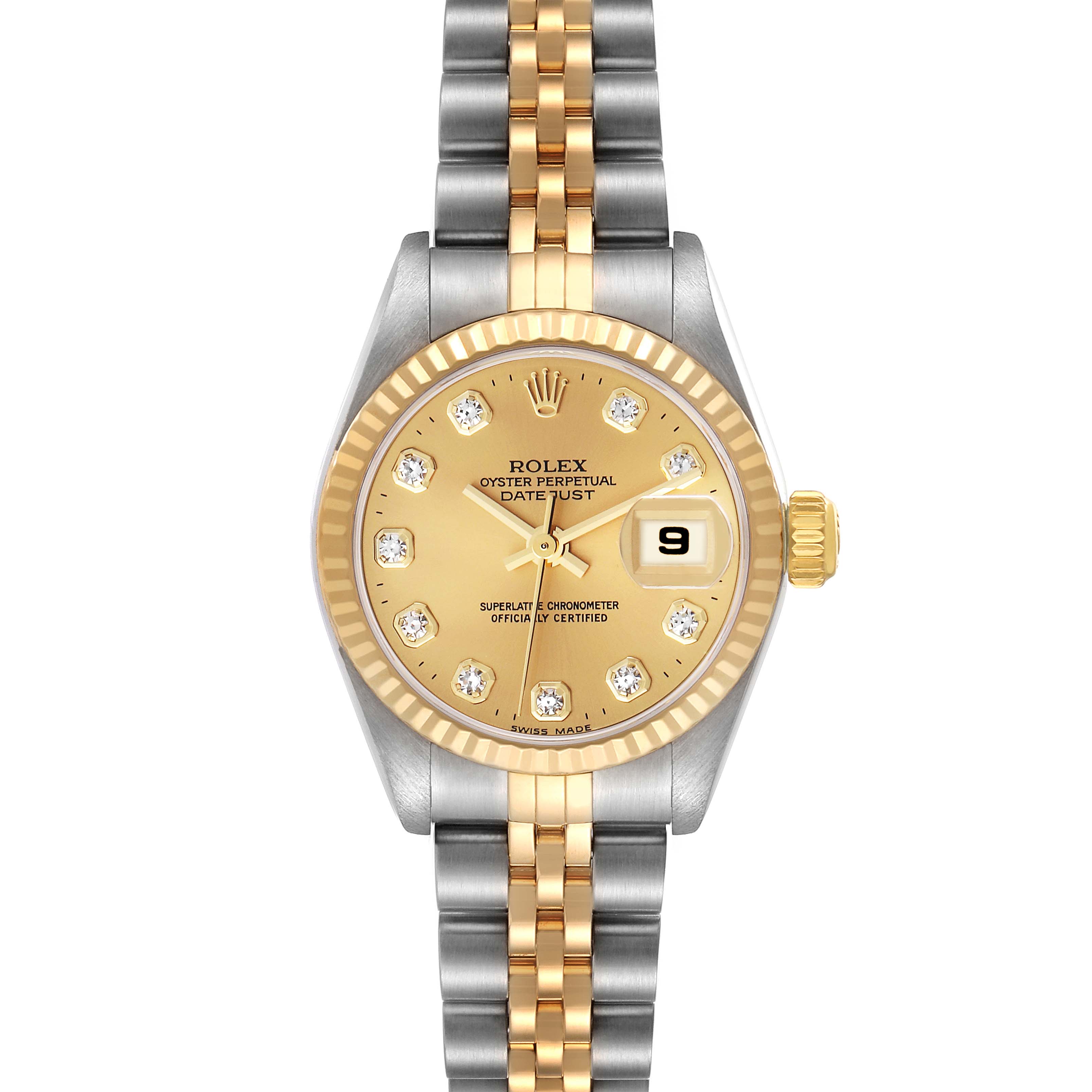 This is a front view of a Rolex Datejust 79173 Women's Steel and Gold (two tone) Champagne Dial 79173 Women's Steel and Gold (two tone) Champagne Dial watch, showcasing its dial, bezel, case, crown, and jubilee bracelet.
