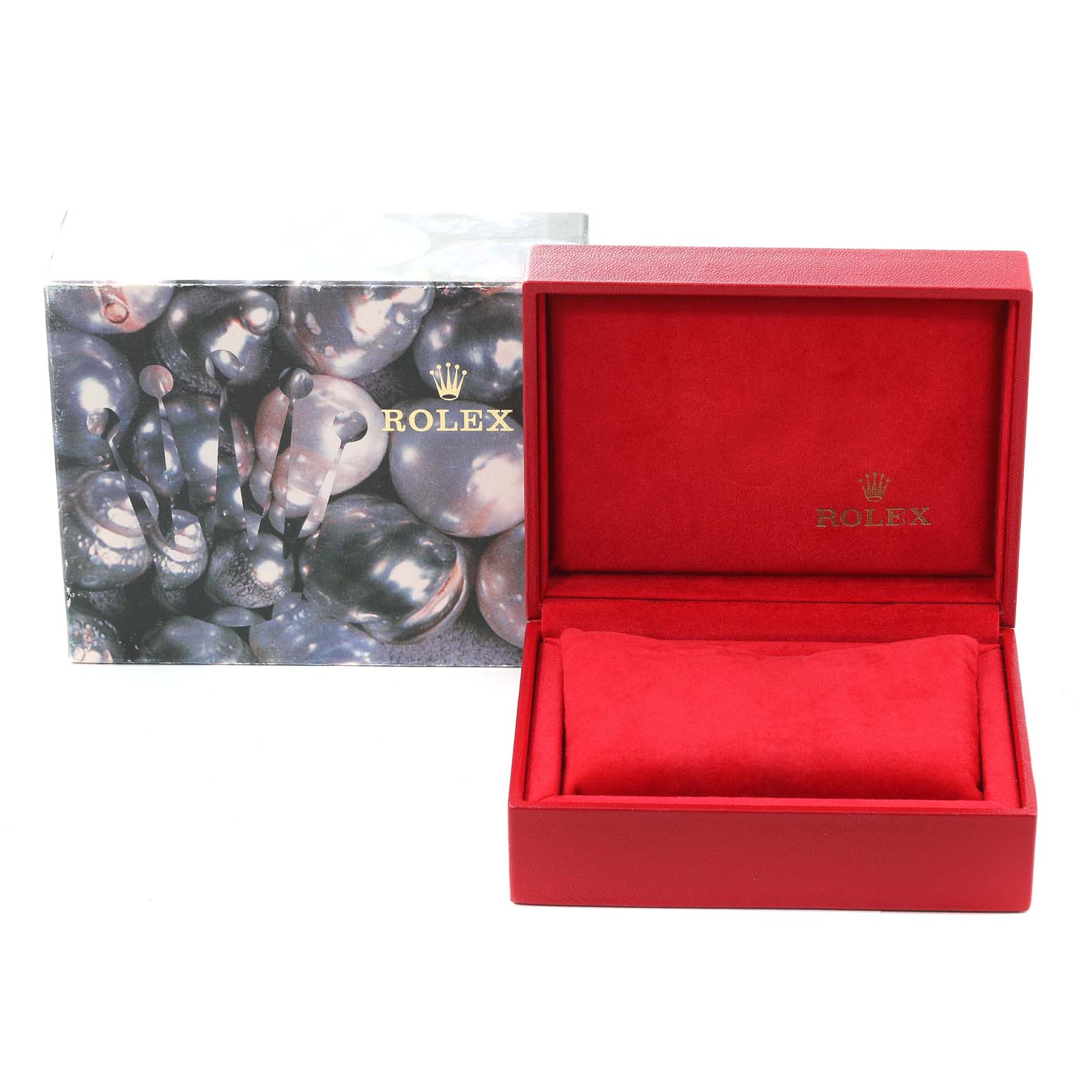 The image shows a red Rolex Datejust 79173 Women's Steel and Gold (two tone) Champagne Dial 79173 Women's Steel and Gold (two tone) Champagne Dial box with its lid open, and the outer packaging with a decorative design.