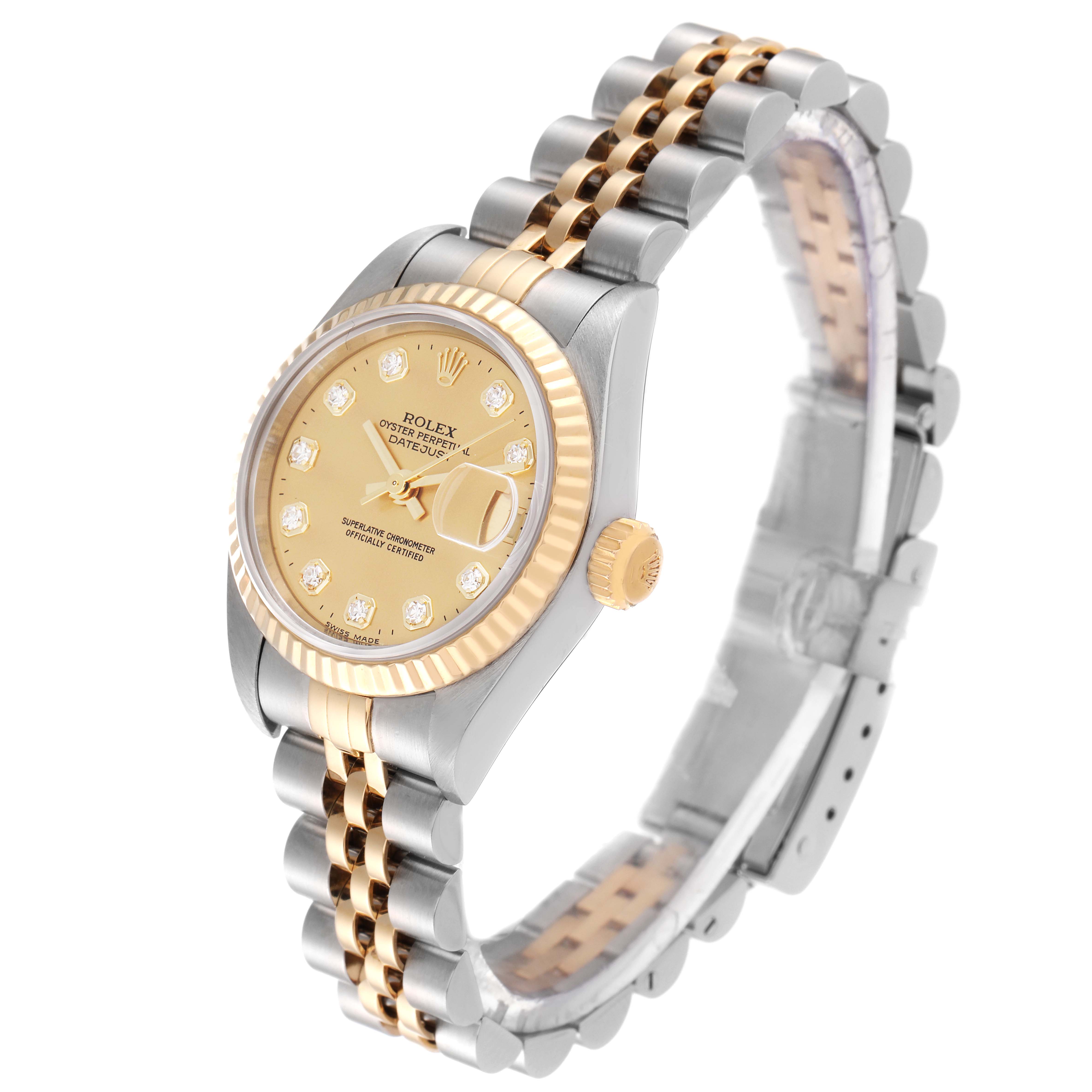 The Rolex Datejust 79173 Women's Steel and Gold (two tone) Champagne Dial 79173 Women's Steel and Gold (two tone) Champagne Dial watch is shown at an angled view highlighting its dial, bezel, crown, and two-tone bracelet.