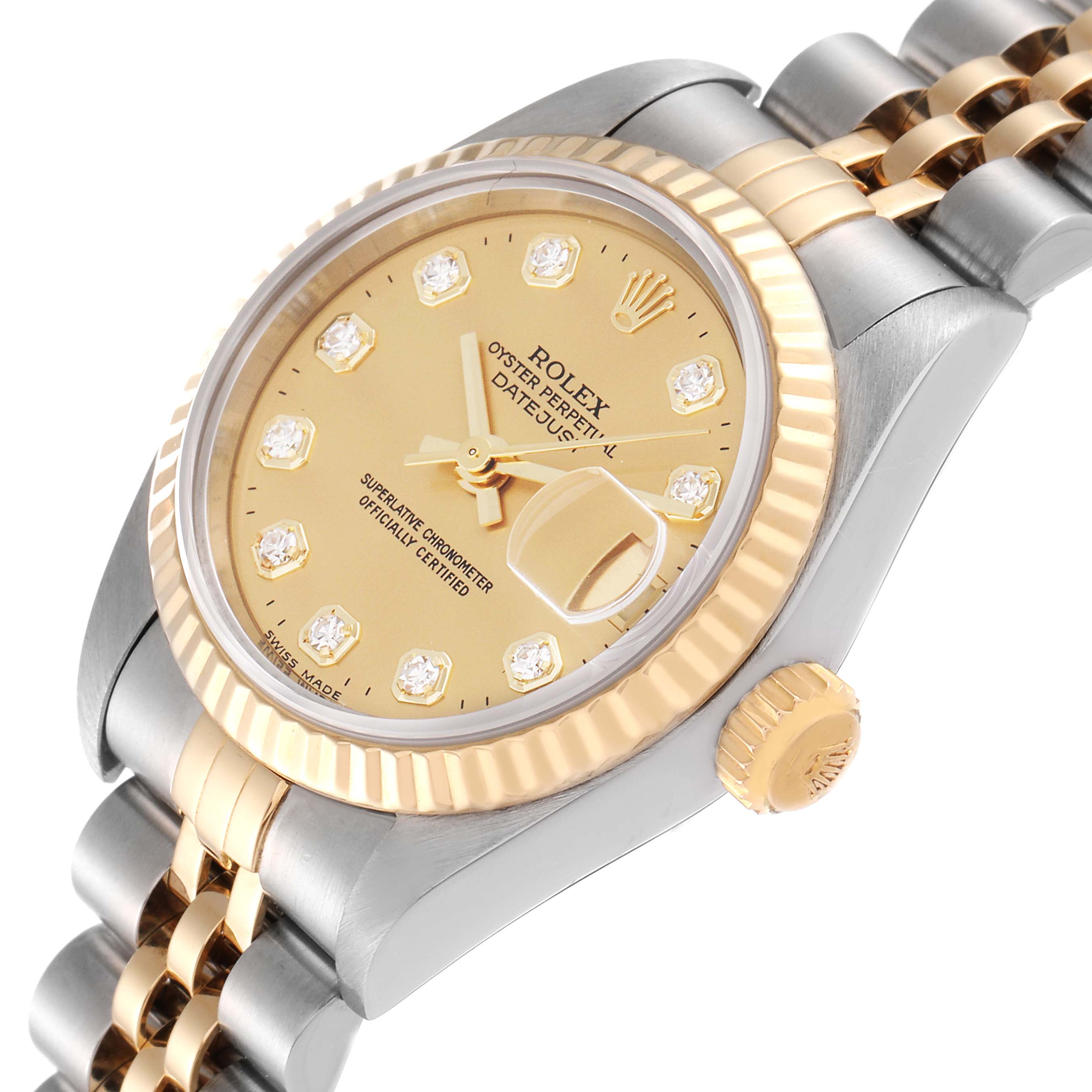 This image shows a close-up, angled view of a Rolex Datejust 79173 Women's Steel and Gold (two tone) Champagne Dial 79173 Women's Steel and Gold (two tone) Champagne Dial watch, highlighting its face, bezel, crown, and bracelet.
