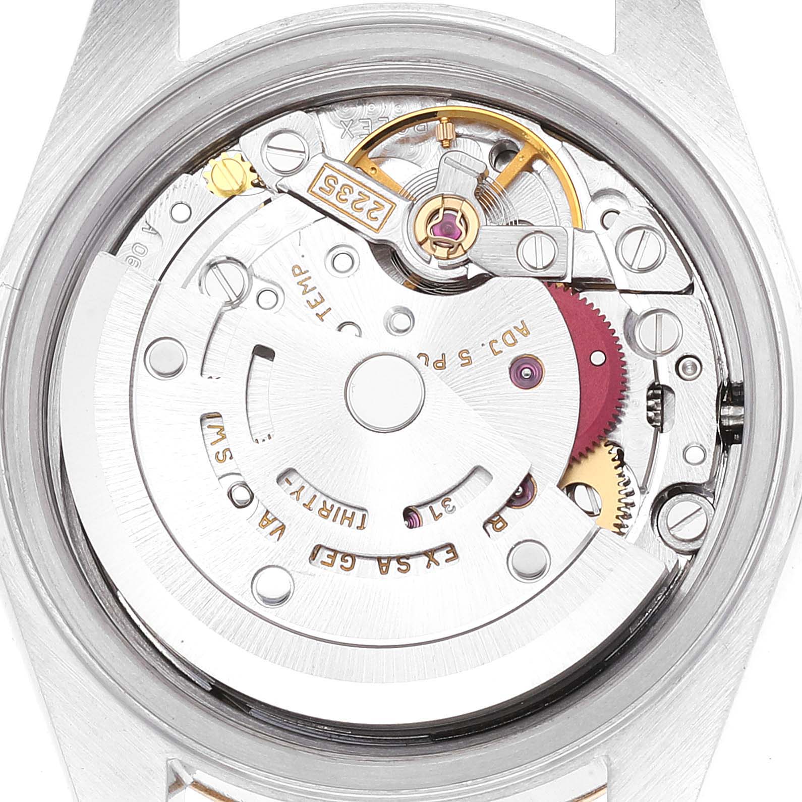 This image shows the inner movement mechanism of a Rolex Datejust 79173 Women's Steel and Gold (two tone) Champagne Dial 79173 Women's Steel and Gold (two tone) Champagne Dial watch from a top-down angle.