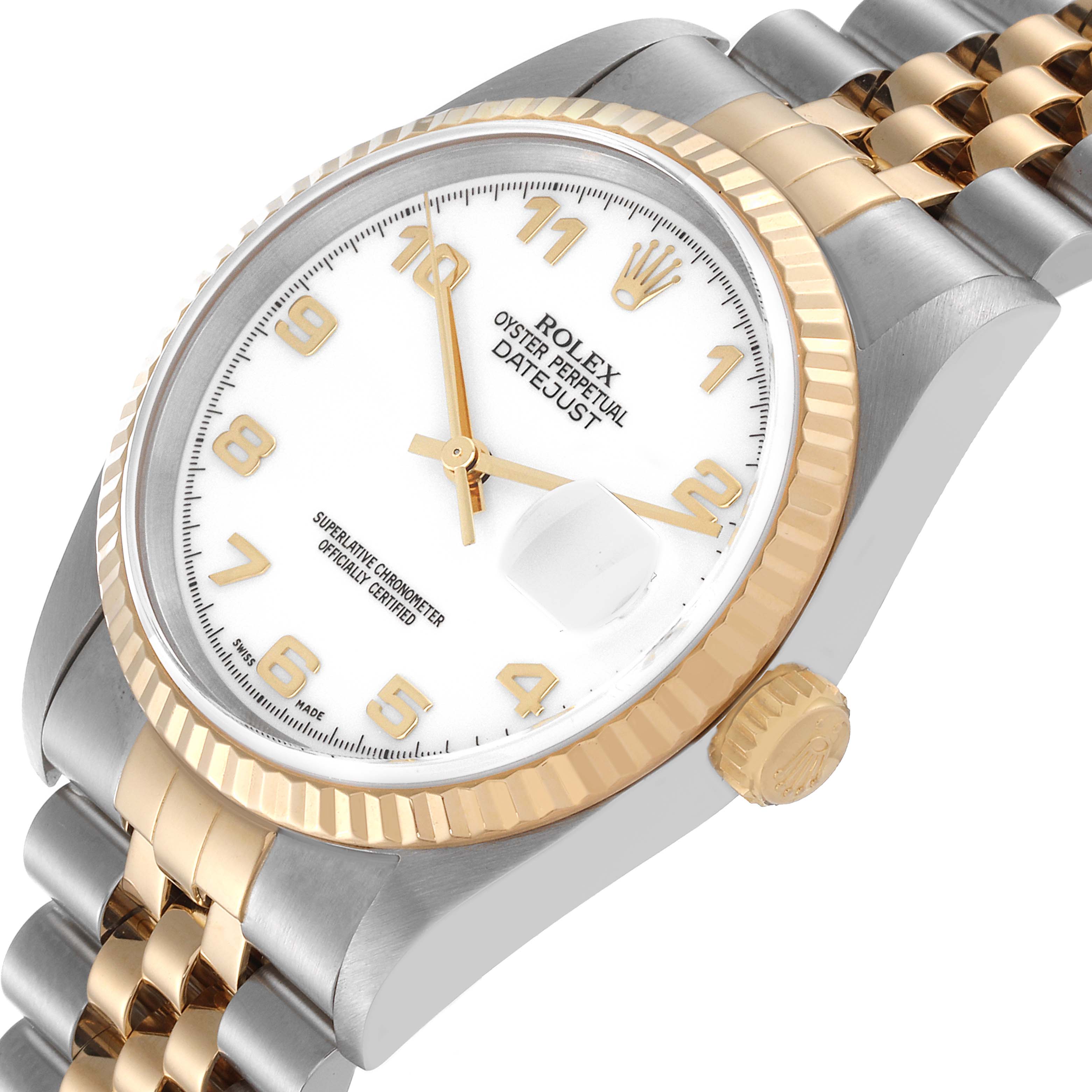 The image shows a close-up angled view of a Rolex Datejust 16233 Men's Steel and Gold (two tone) White Dial 16233 Men's Steel and Gold (two tone) White Dial, highlighting the dial, bezel, crown, and bracelet.