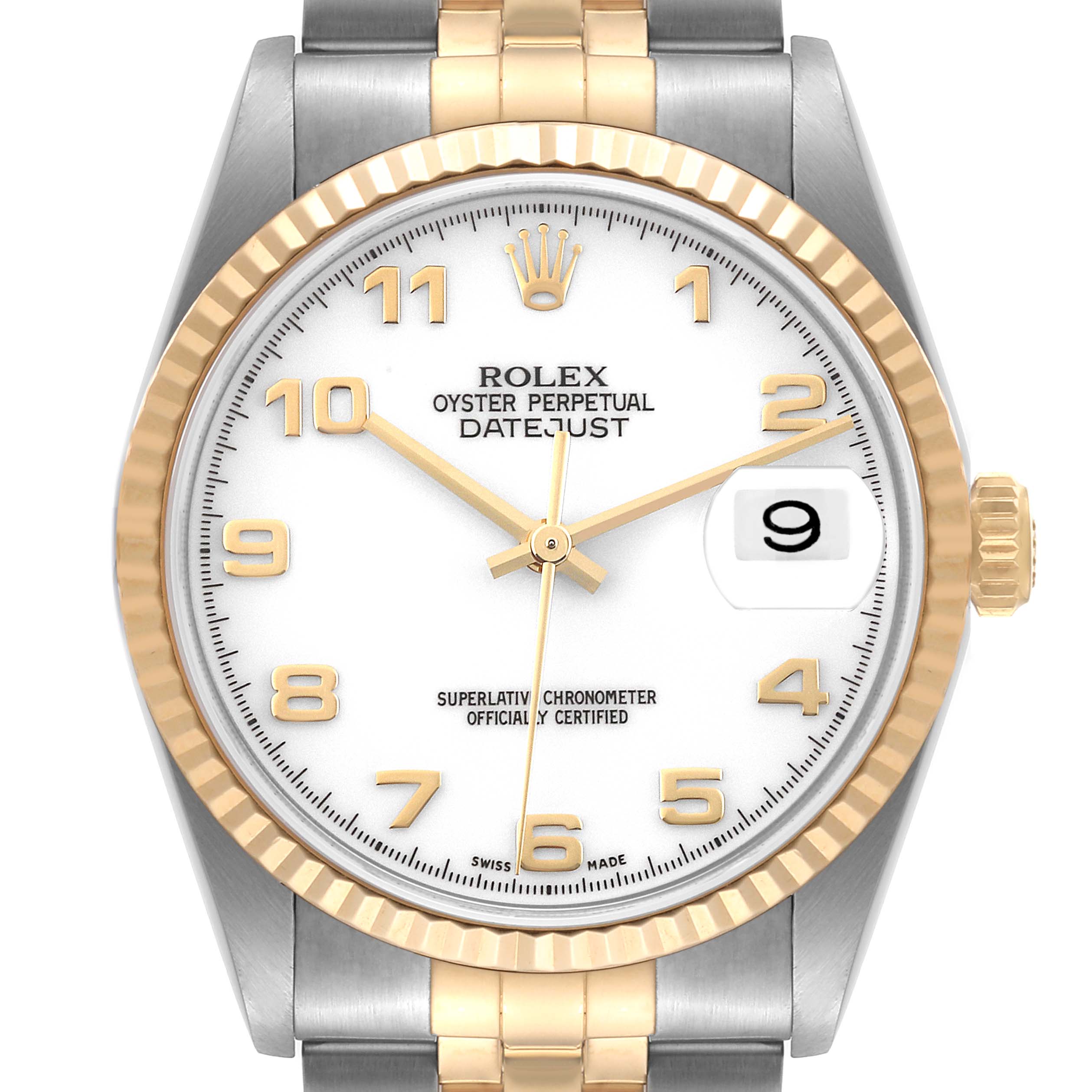 The image shows a frontal view of a Rolex Datejust 16233 Men's Steel and Gold (two tone) White Dial 16233 Men's Steel and Gold (two tone) White Dial watch, highlighting its dial, hands, crown, and bracelet.