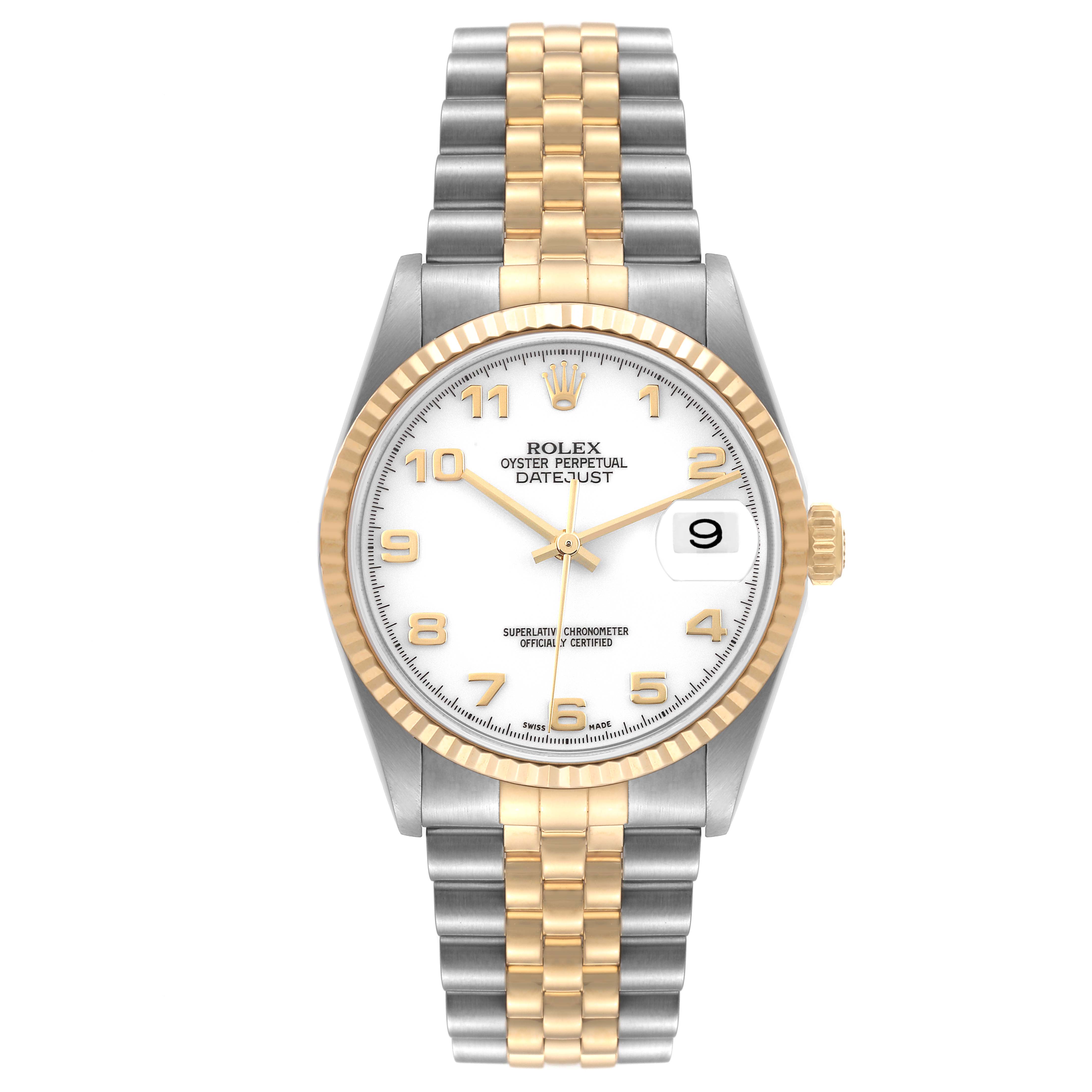 This image shows a front view of a Rolex Datejust 16233 Men's Steel and Gold (two tone) White Dial 16233 Men's Steel and Gold (two tone) White Dial watch, showcasing its dial, bezel, and two-tone bracelet.