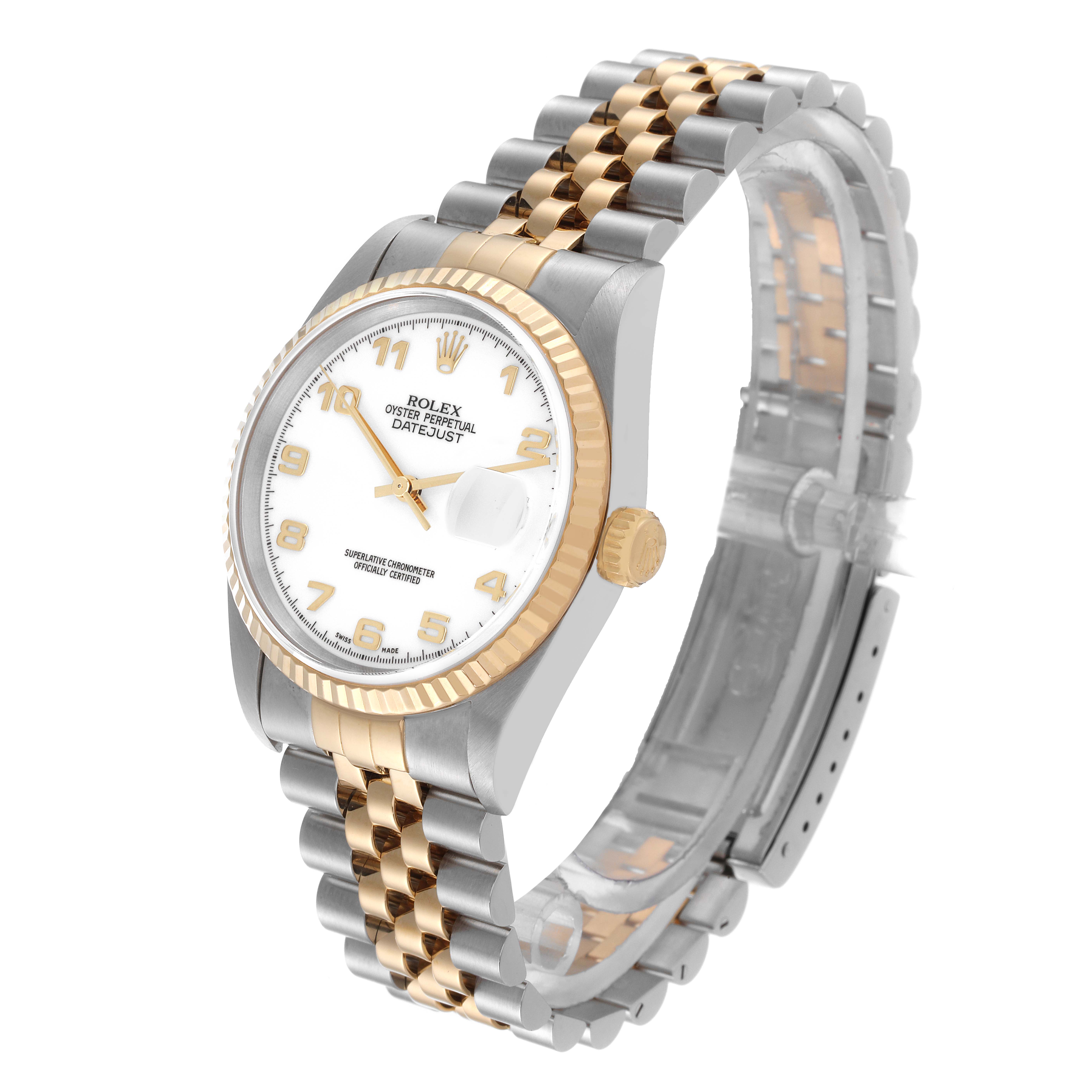The image shows a Rolex Datejust 16233 Men's Steel and Gold (two tone) White Dial 16233 Men's Steel and Gold (two tone) White Dial watch with a two-tone gold and silver bracelet, and the face is angled slightly to the left.