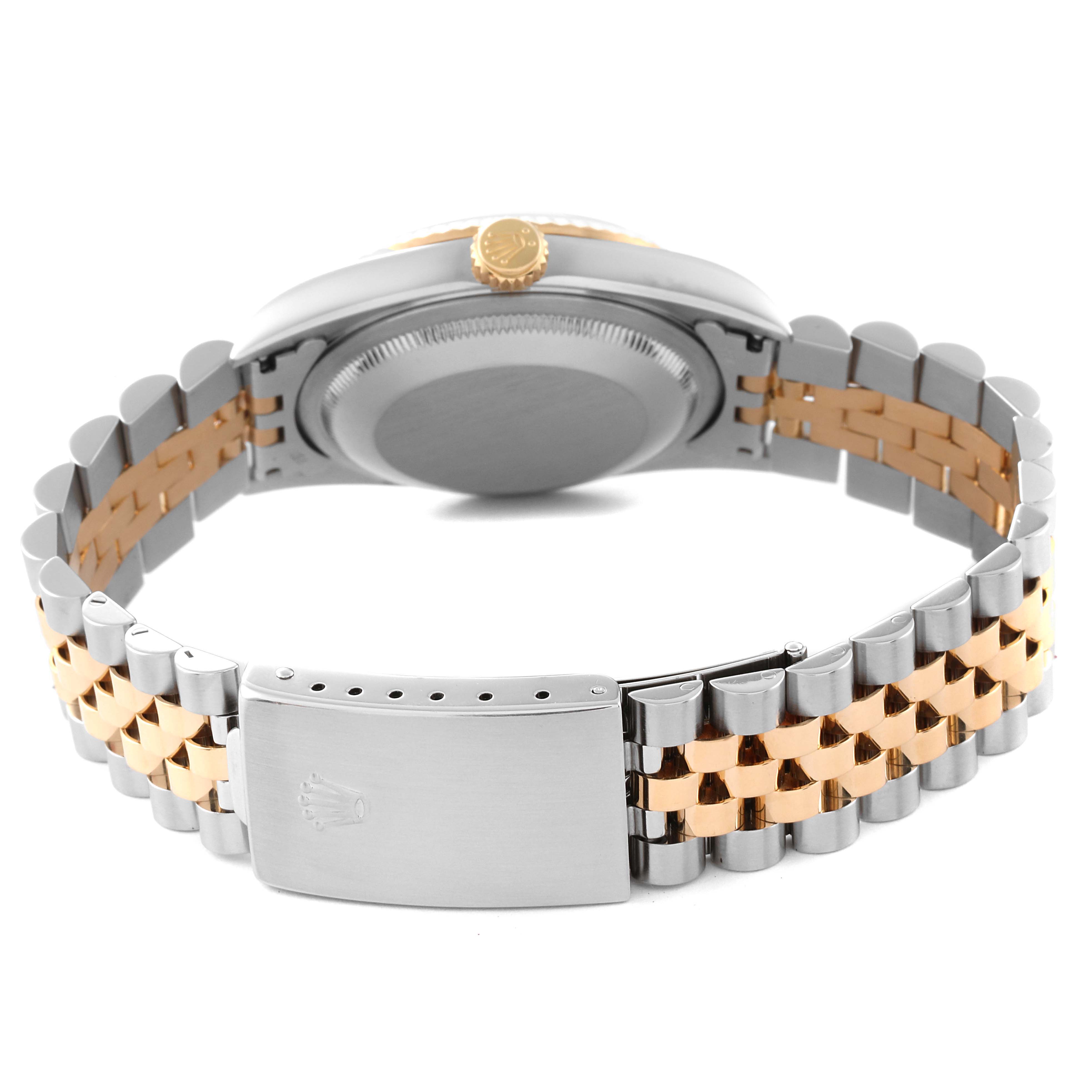 This image shows the back and clasp parts of a Rolex Datejust 16233 Men's Steel and Gold (two tone) White Dial 16233 Men's Steel and Gold (two tone) White Dial watch, emphasizing its two-tone bracelet.