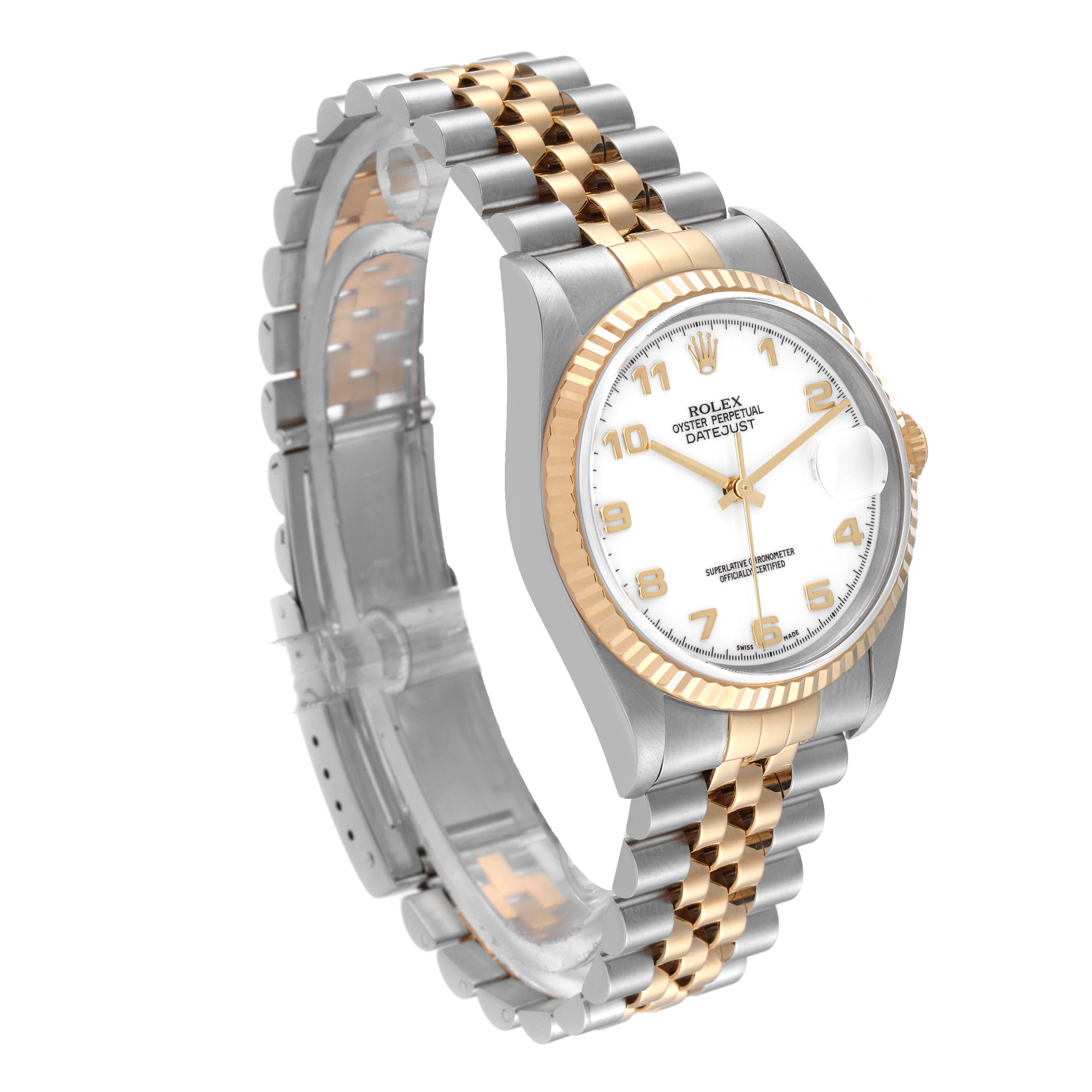 The image shows a Rolex Datejust 16233 Men's Steel and Gold (two tone) White Dial 16233 Men's Steel and Gold (two tone) White Dial watch at a three-quarter angle, highlighting the dial, bezel, and two-tone bracelet.