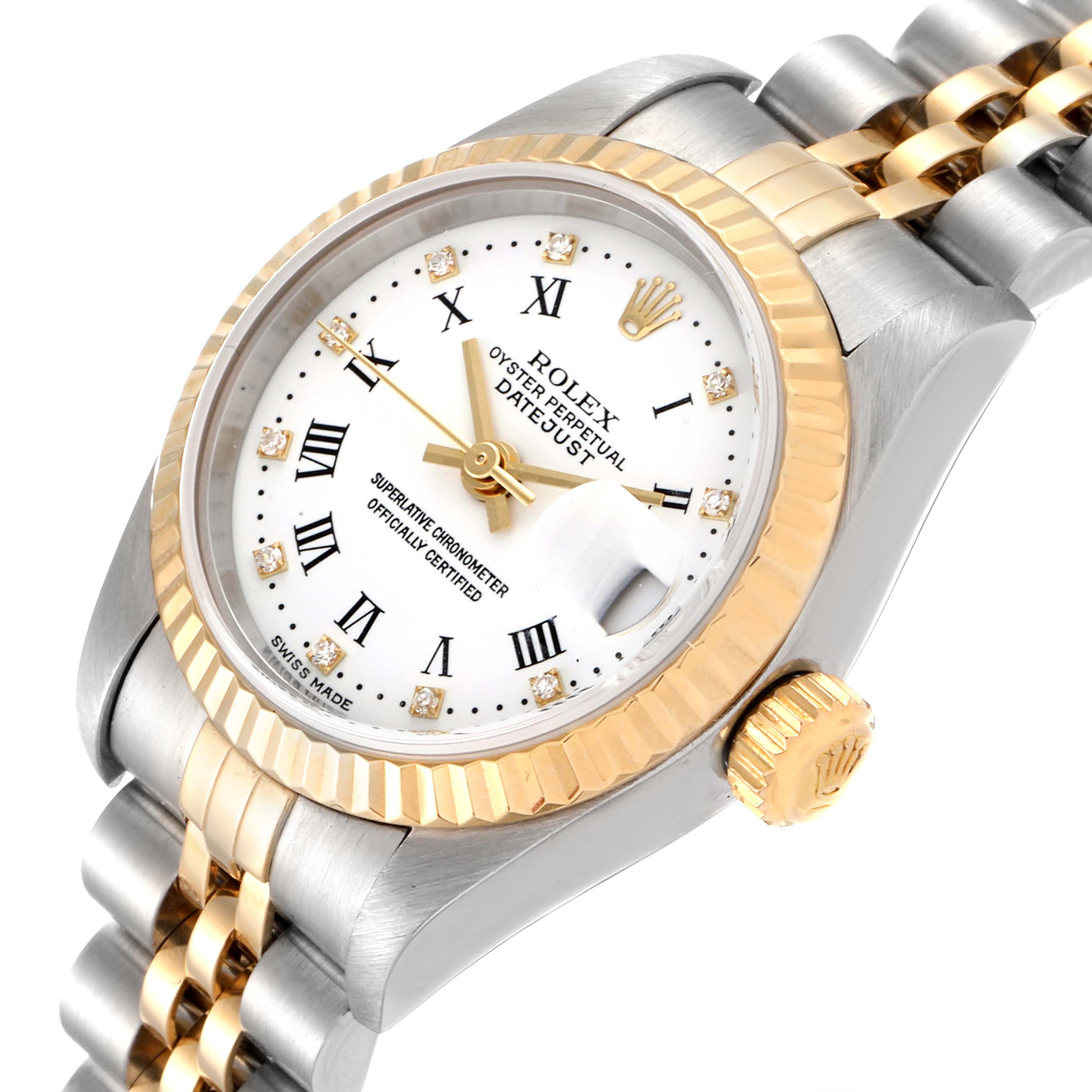 This image shows a close-up of the Rolex Datejust 79173 Women's Steel and Gold (two tone) White Dial 79173 Women's Steel and Gold (two tone) White Dial watch, highlighting its bezel, crown, dial, and part of the bracelet.