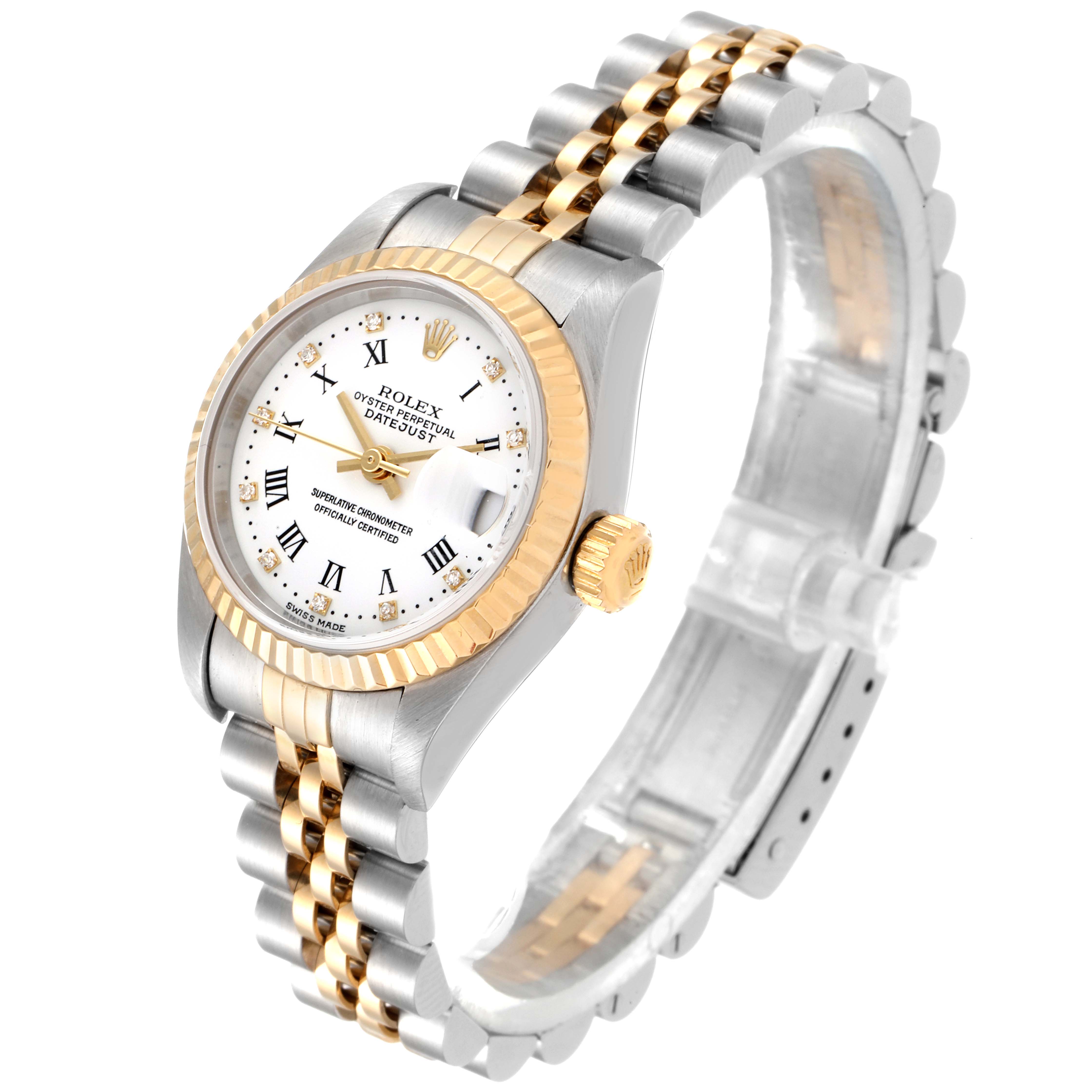 This image shows a Rolex Datejust 79173 Women's Steel and Gold (two tone) White Dial 79173 Women's Steel and Gold (two tone) White Dial watch at a three-quarter angle, displaying the dial, bezel, crown, and bracelet.