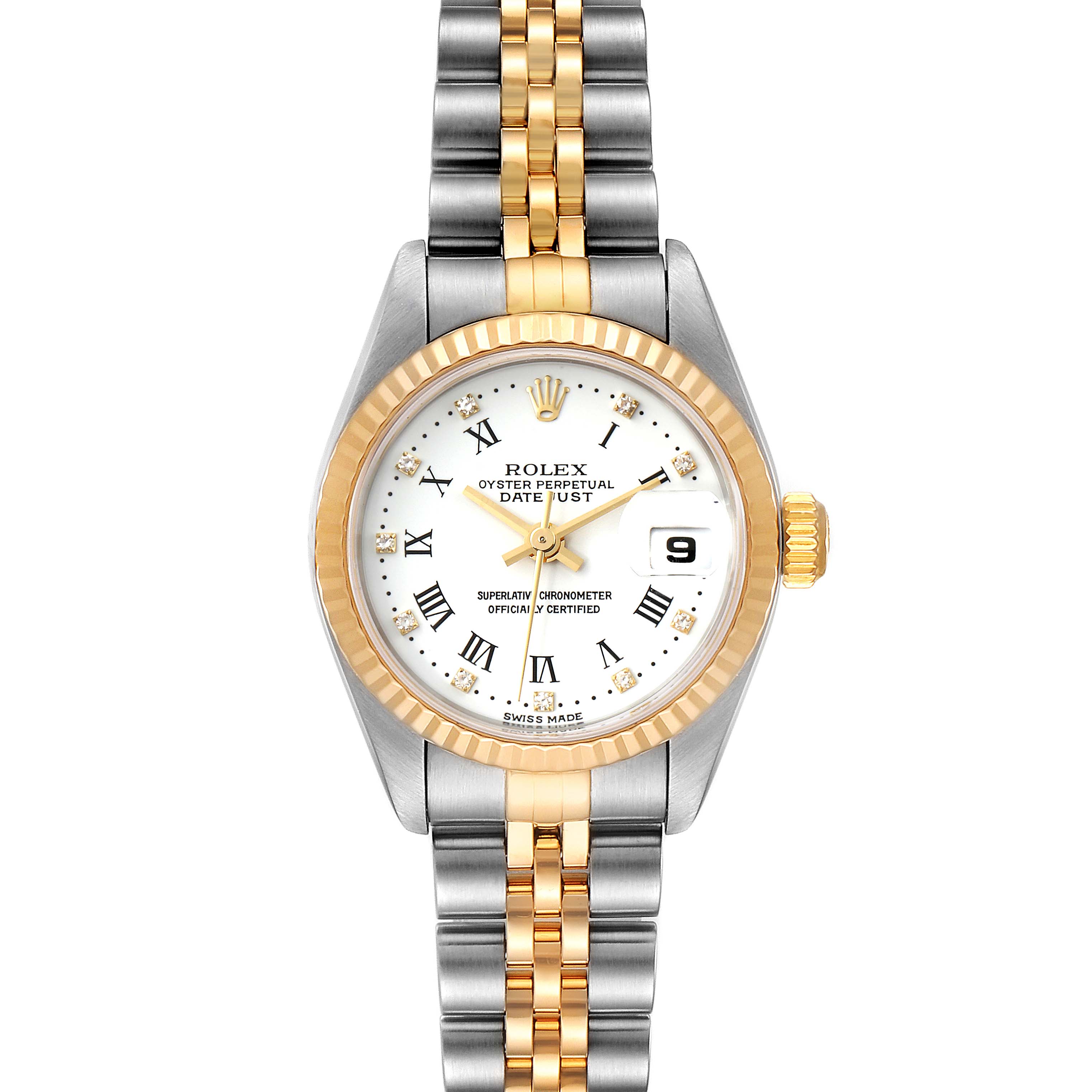 This is a frontal view of a Rolex Datejust 79173 Women's Steel and Gold (two tone) White Dial 79173 Women's Steel and Gold (two tone) White Dial showcasing the dial, hands, crown, bezel, and bracelet.