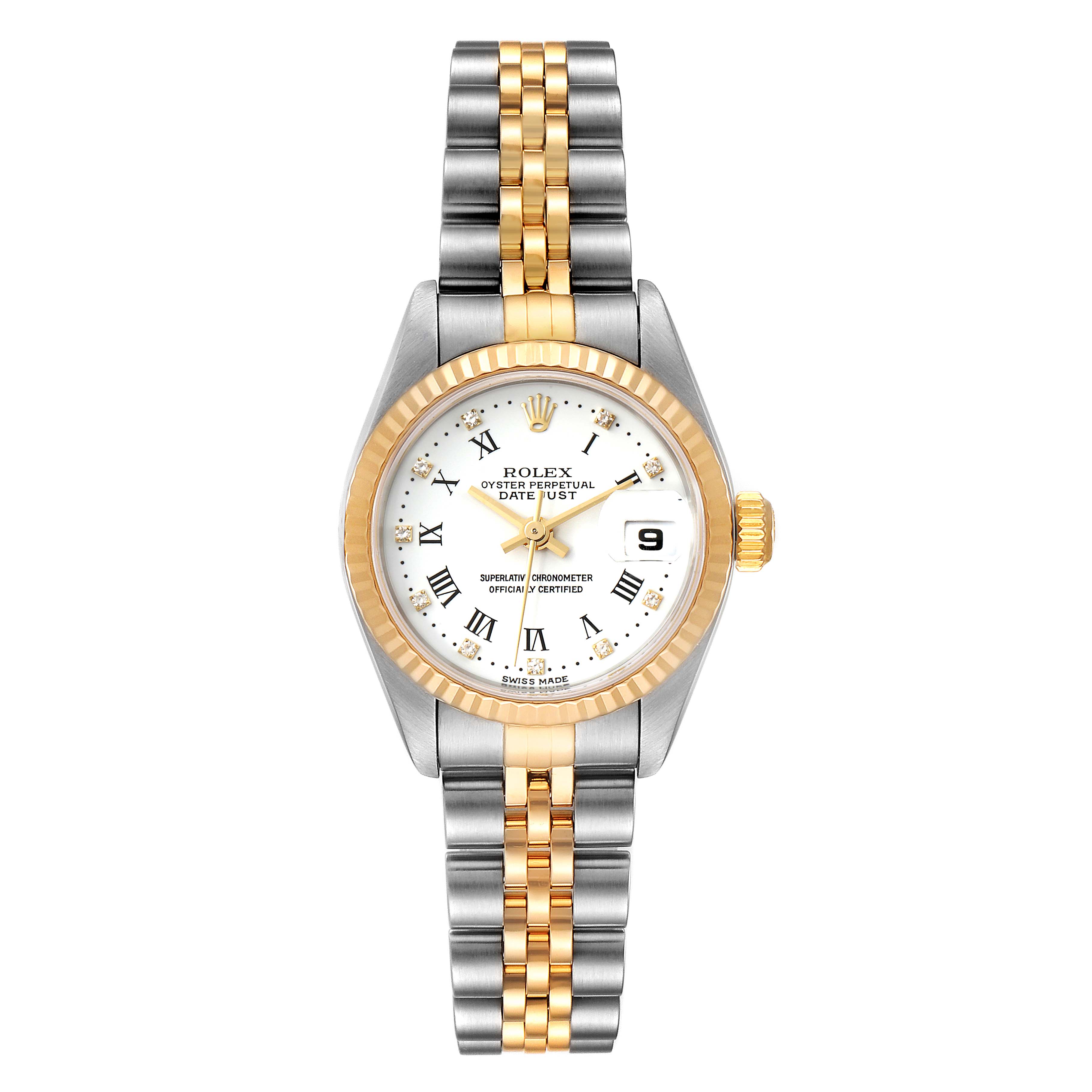 This image shows the full front view of a Rolex Datejust 79173 Women's Steel and Gold (two tone) White Dial 79173 Women's Steel and Gold (two tone) White Dial watch, featuring a two-tone bracelet and a date display.