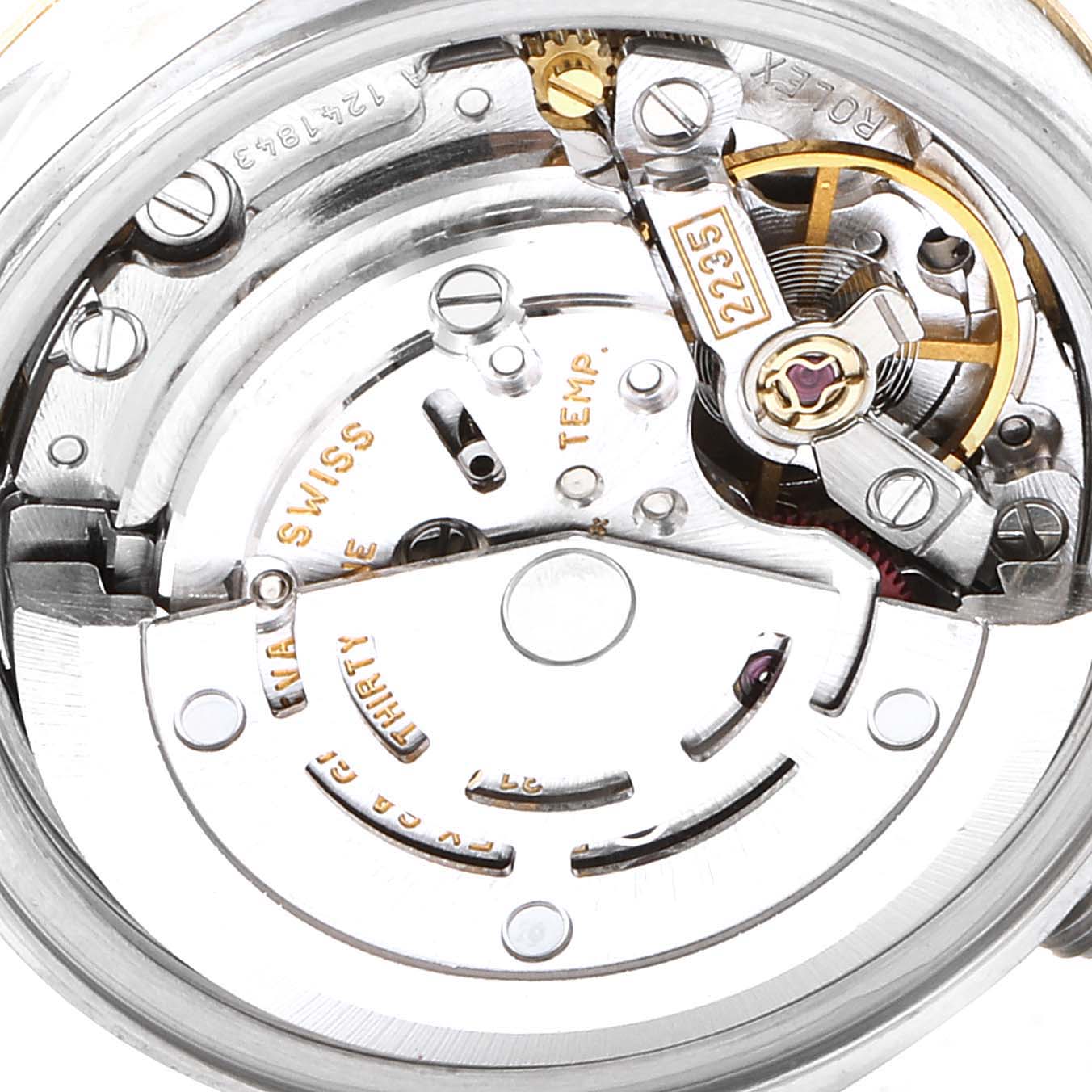 This close-up image shows the internal movement mechanism of a Rolex Datejust 79173 Women's Steel and Gold (two tone) White Dial 79173 Women's Steel and Gold (two tone) White Dial watch.
