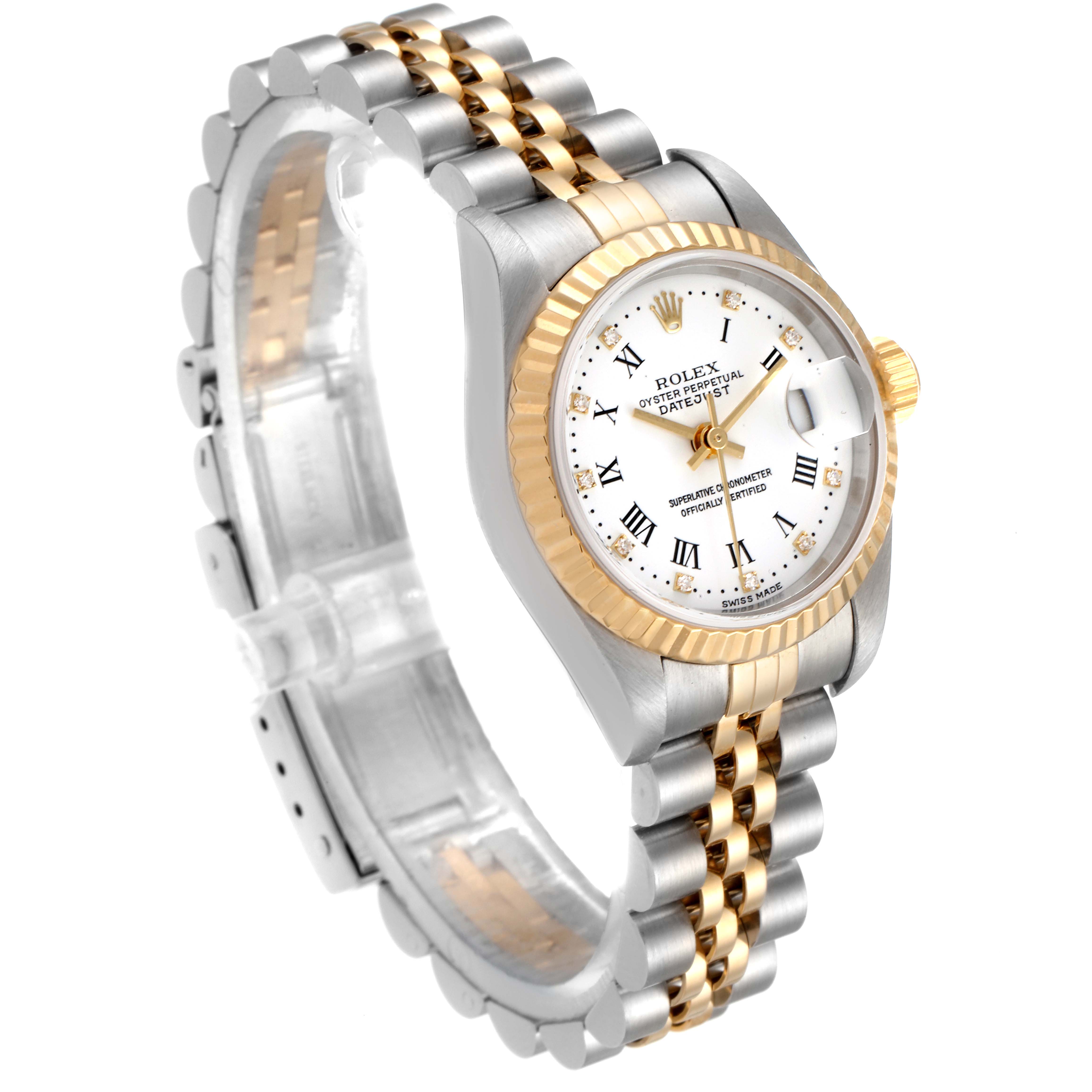 This image shows a Rolex Datejust 79173 Women's Steel and Gold (two tone) White Dial 79173 Women's Steel and Gold (two tone) White Dial watch at a three-quarter angle, showcasing its face, bracelet, bezel, and crown.