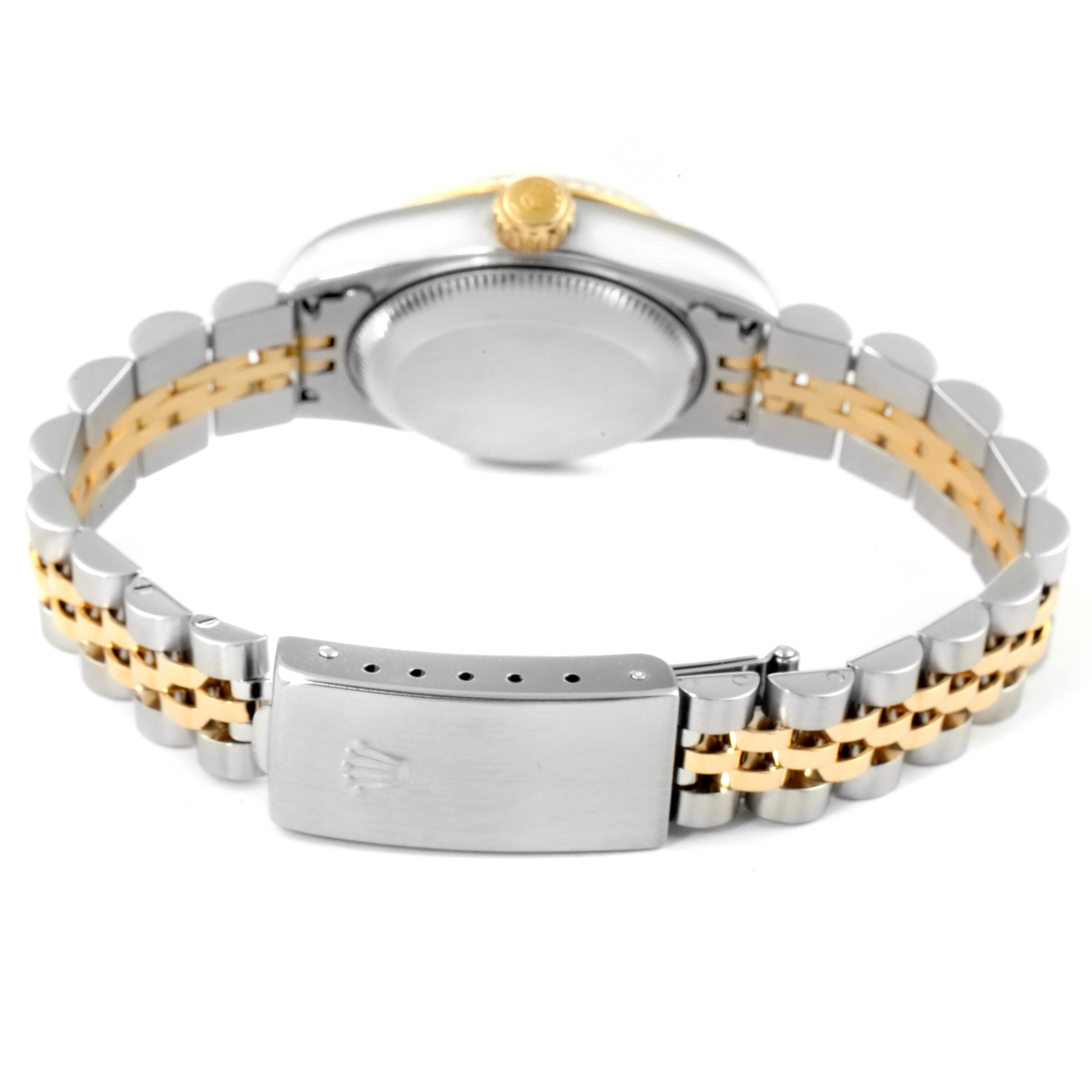 The image shows the back view of a Rolex Datejust 79173 Women's Steel and Gold (two tone) White Dial 79173 Women's Steel and Gold (two tone) White Dial watch, highlighting its clasp, bracelet, and case.