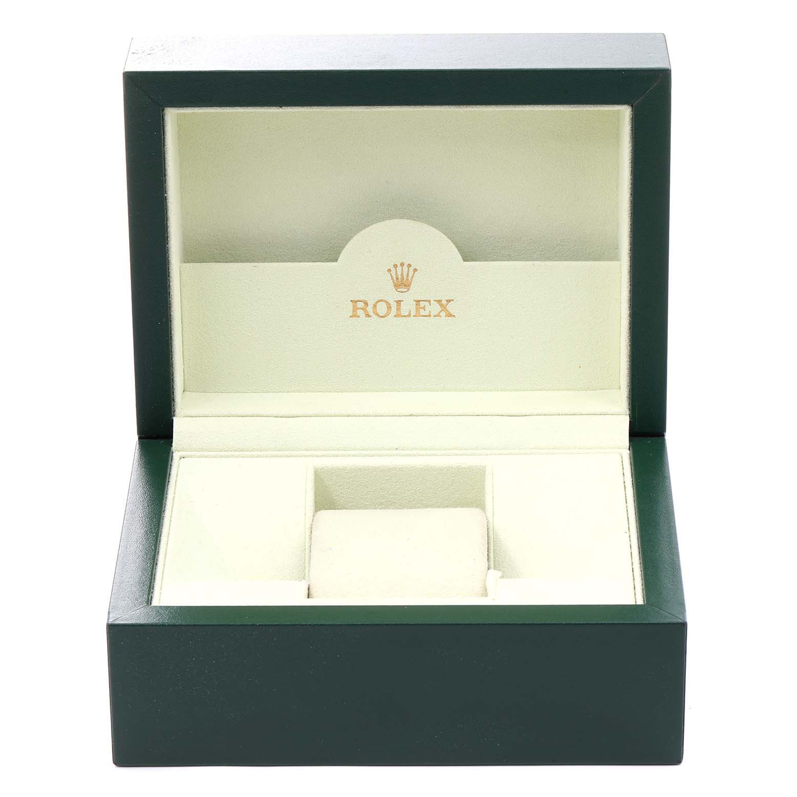 This image shows an open green and cream-colored Rolex box, likely for the Turn-o-Graph model watch, with no watch inside.