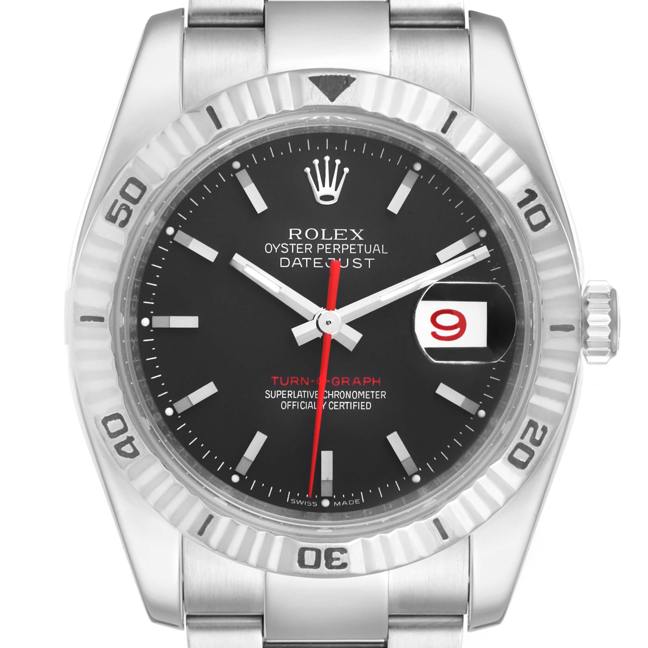 The image shows a Rolex Turn-o-Graph 116264 Men's Stainless Steel Black Dial 116264 Men's Stainless Steel Black Dial watch from a front angle, displaying the face, bezel, and part of the bracelet.