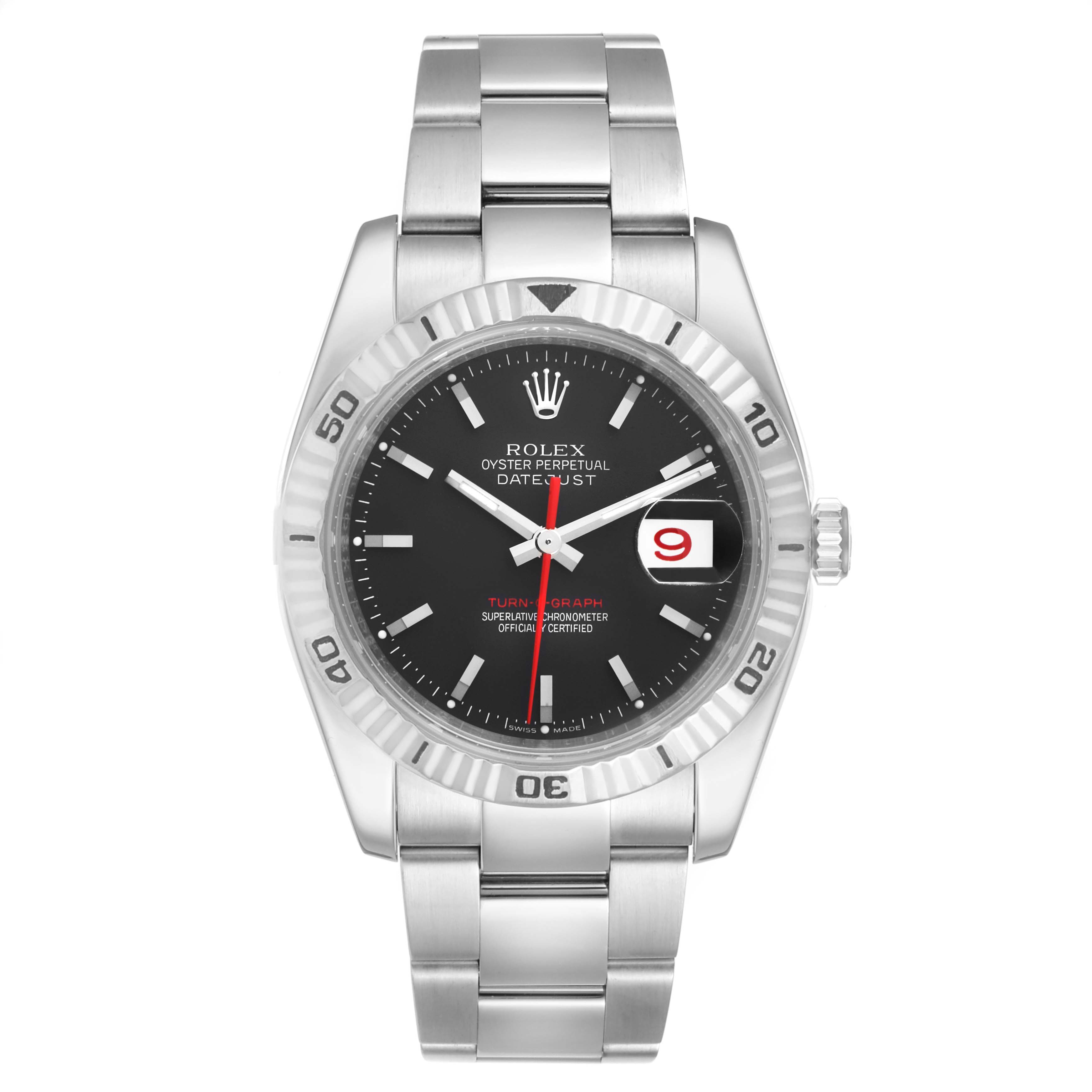 The image shows a front view of the Rolex Turn-o-Graph 116264 Men's Stainless Steel Black Dial 116264 Men's Stainless Steel Black Dial watch, displaying the dial, bezel, crown, and bracelet.