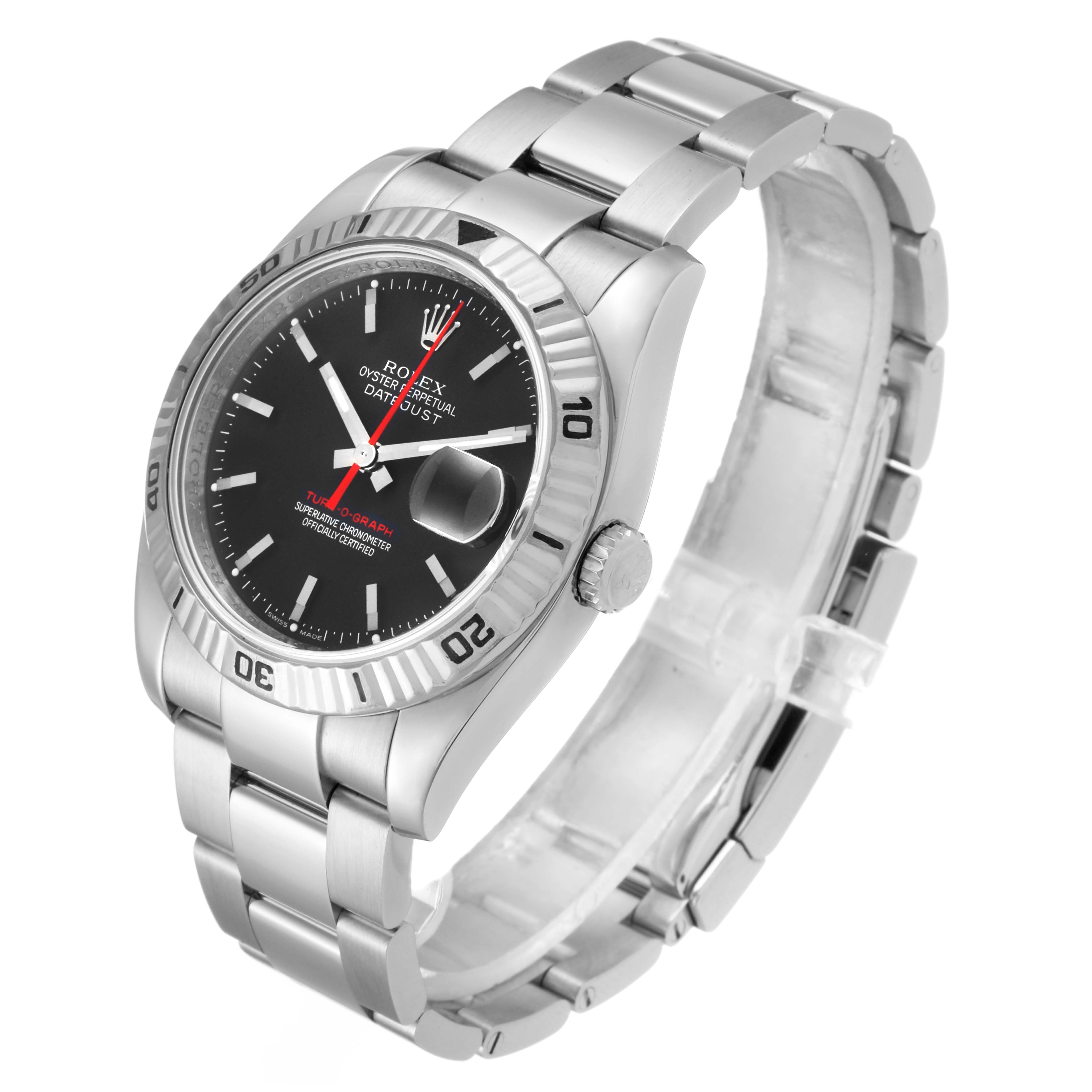 This image showcases a Rolex Turn-o-Graph 116264 Men's Stainless Steel Black Dial 116264 Men's Stainless Steel Black Dial watch at a three-quarter angle, highlighting the dial, bezel, crown, and bracelet.