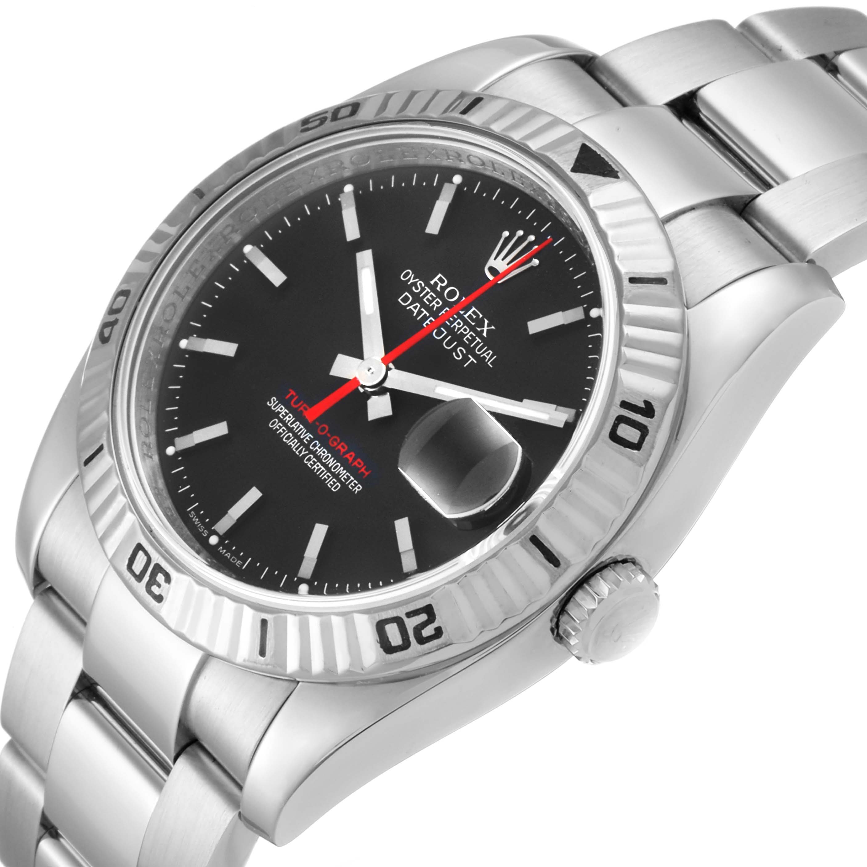 The image shows a Rolex Turn-o-Graph 116264 Men's Stainless Steel Black Dial 116264 Men's Stainless Steel Black Dial watch viewed at a slight angle, highlighting its bezel, dial, date window, and bracelet.