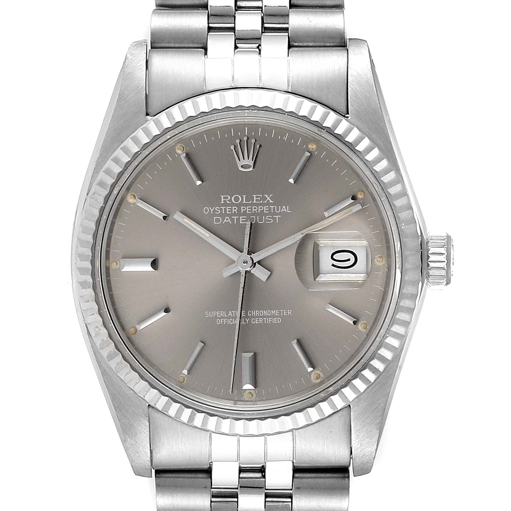 The image shows a front-facing view of the Rolex Vintage Collection 16014 Men's Stainless Steel Grey Dial 16014 Men's Stainless Steel Grey Dial Datejust model, highlighting the dial, bezel, and bracelet.