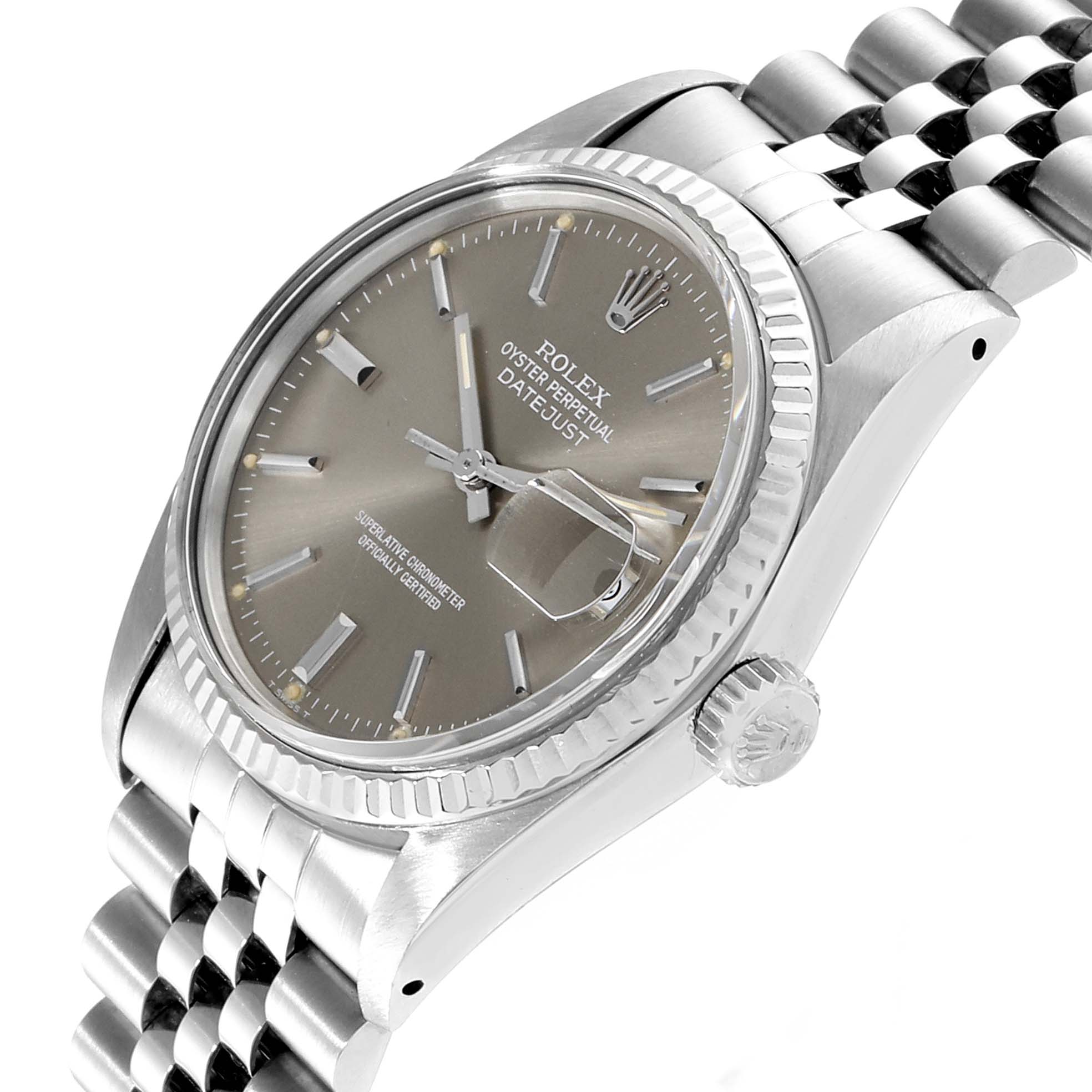 The image shows a side-angle view of a Rolex Vintage Collection 16014 Men's Stainless Steel Grey Dial 16014 Men's Stainless Steel Grey Dial Datejust, highlighting the dial, bezel, crown, and part of the bracelet.