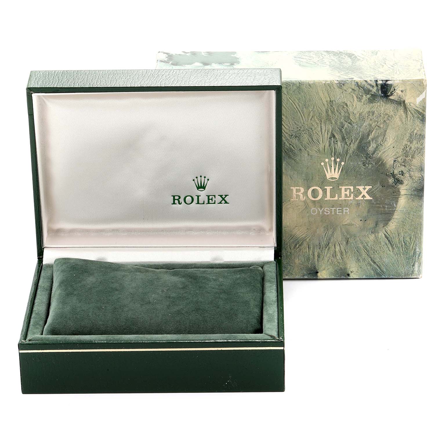 The image shows an open green box and case for a Rolex Vintage Collection 16014 Men's Stainless Steel Grey Dial 16014 Men's Stainless Steel Grey Dial watch, with the Rolex logo prominently displayed inside and on the cover.