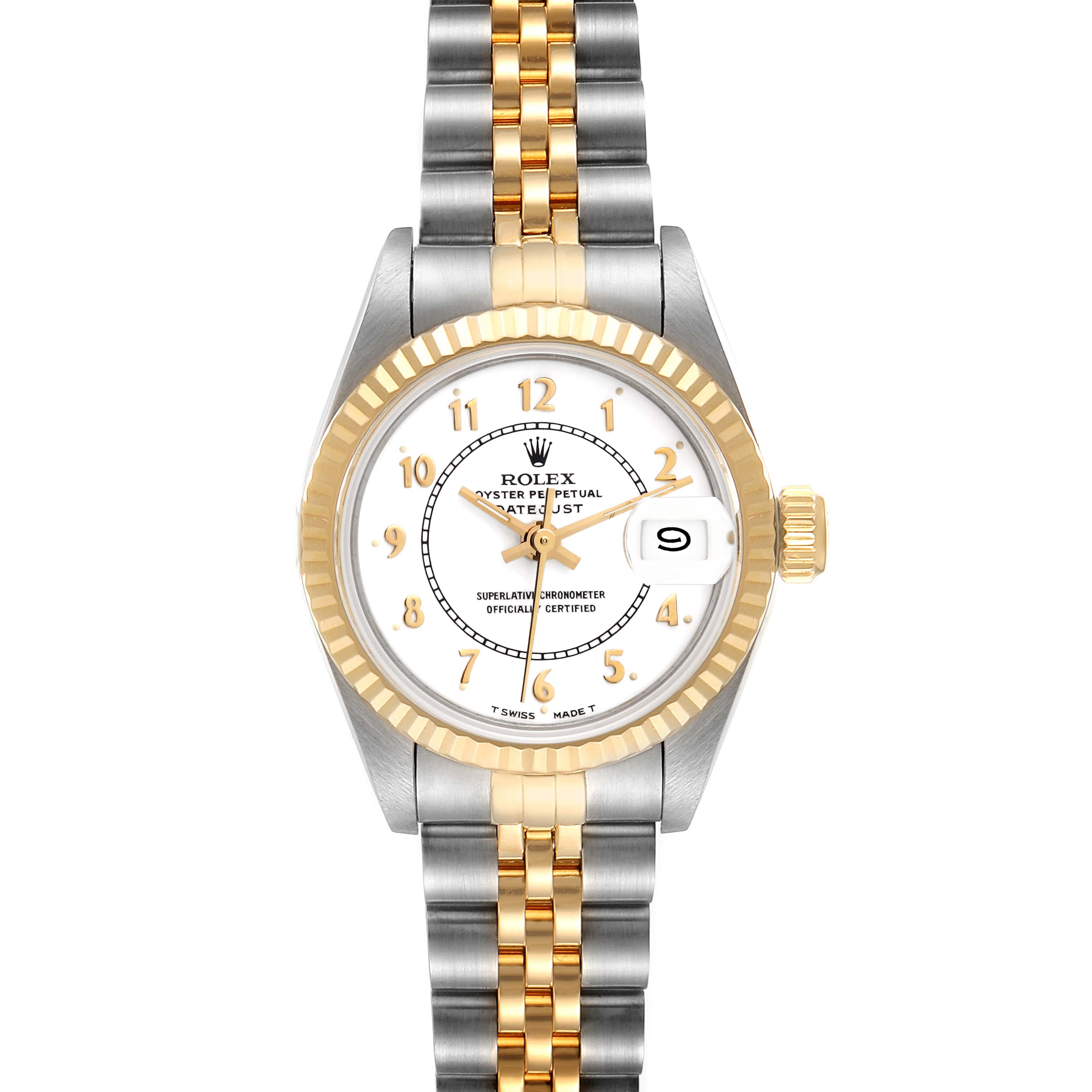 The image shows a Rolex Datejust 69173 Women's Steel and Gold (two tone) White Dial 69173 Women's Steel and Gold (two tone) White Dial watch from a front angle, highlighting its dial, bezel, and two-tone bracelet.