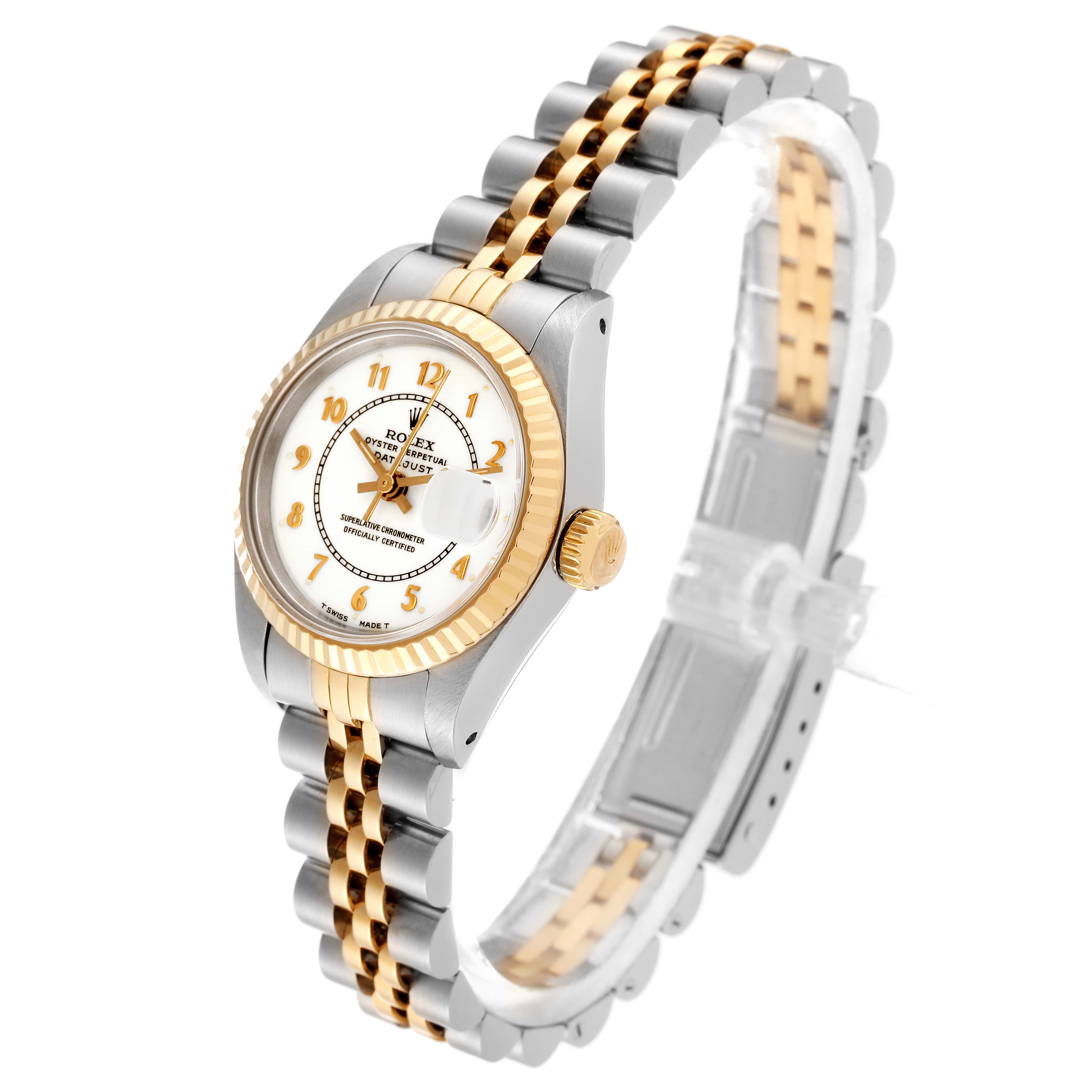 The image shows a Rolex Datejust 69173 Women's Steel and Gold (two tone) White Dial 69173 Women's Steel and Gold (two tone) White Dial watch at an angled view, highlighting its gold bezel, crown, and two-tone bracelet.