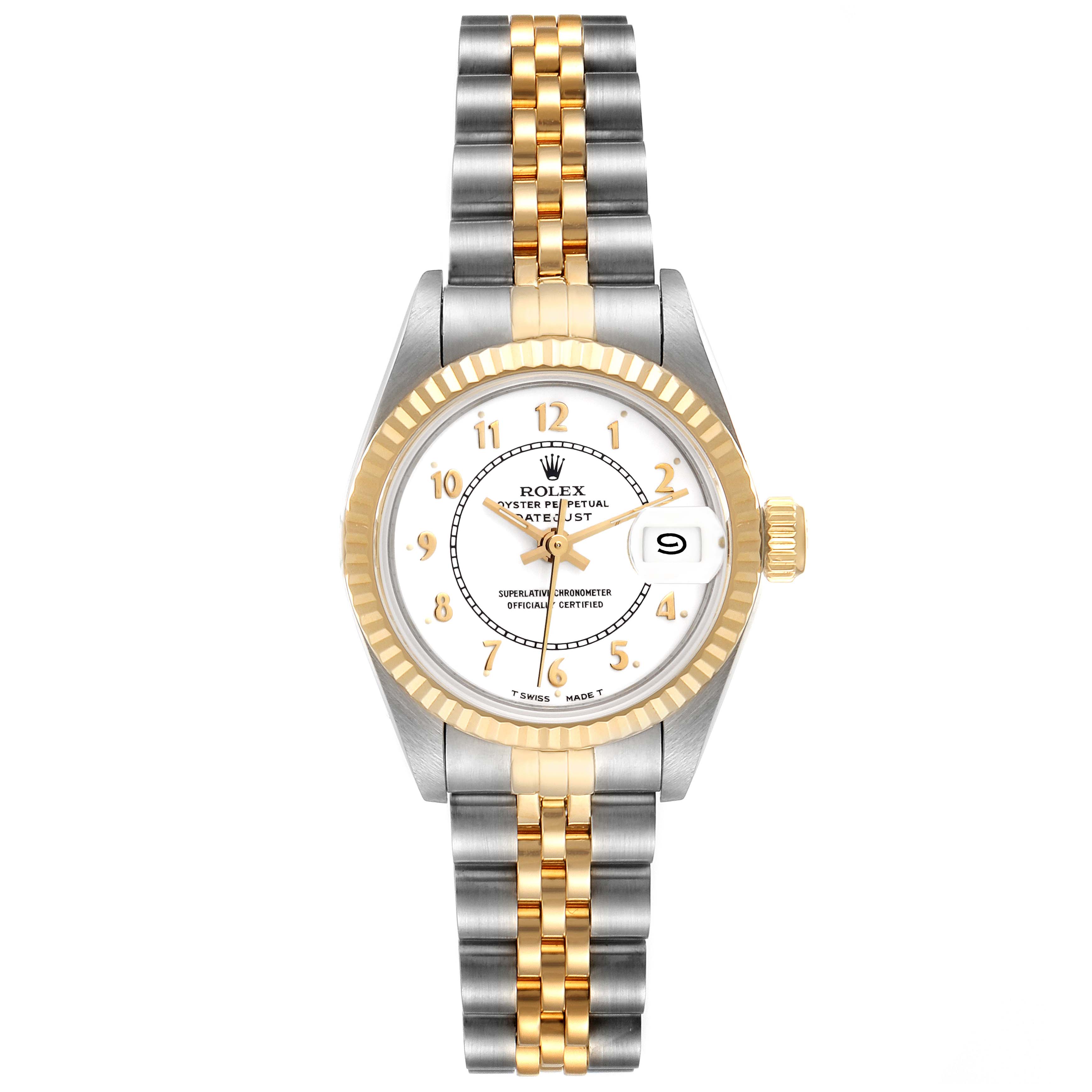 The image shows a Rolex Datejust 69173 Women's Steel and Gold (two tone) White Dial 69173 Women's Steel and Gold (two tone) White Dial watch from a top-down angle displaying the face, bezel, bracelet, and crown.