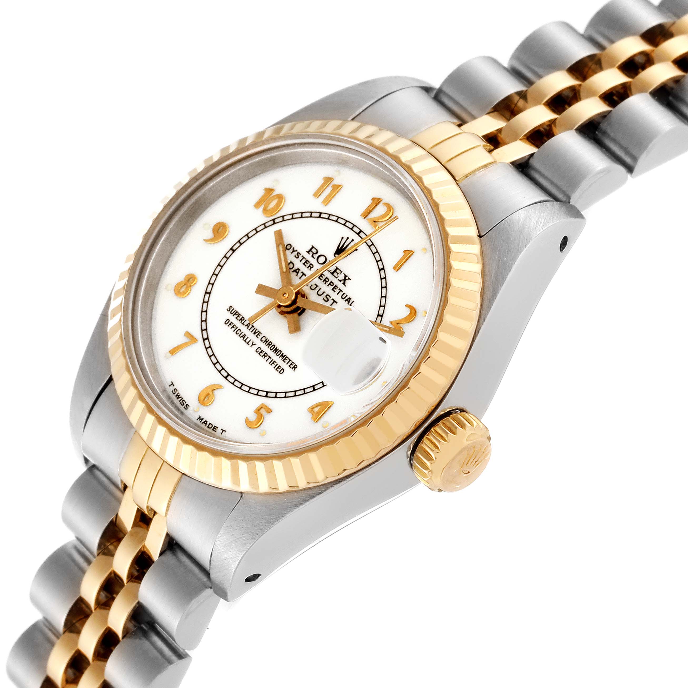 This image shows a Rolex Datejust 69173 Women's Steel and Gold (two tone) White Dial 69173 Women's Steel and Gold (two tone) White Dial watch at an angle, featuring its face, fluted bezel, crown, and two-tone Jubilee bracelet.