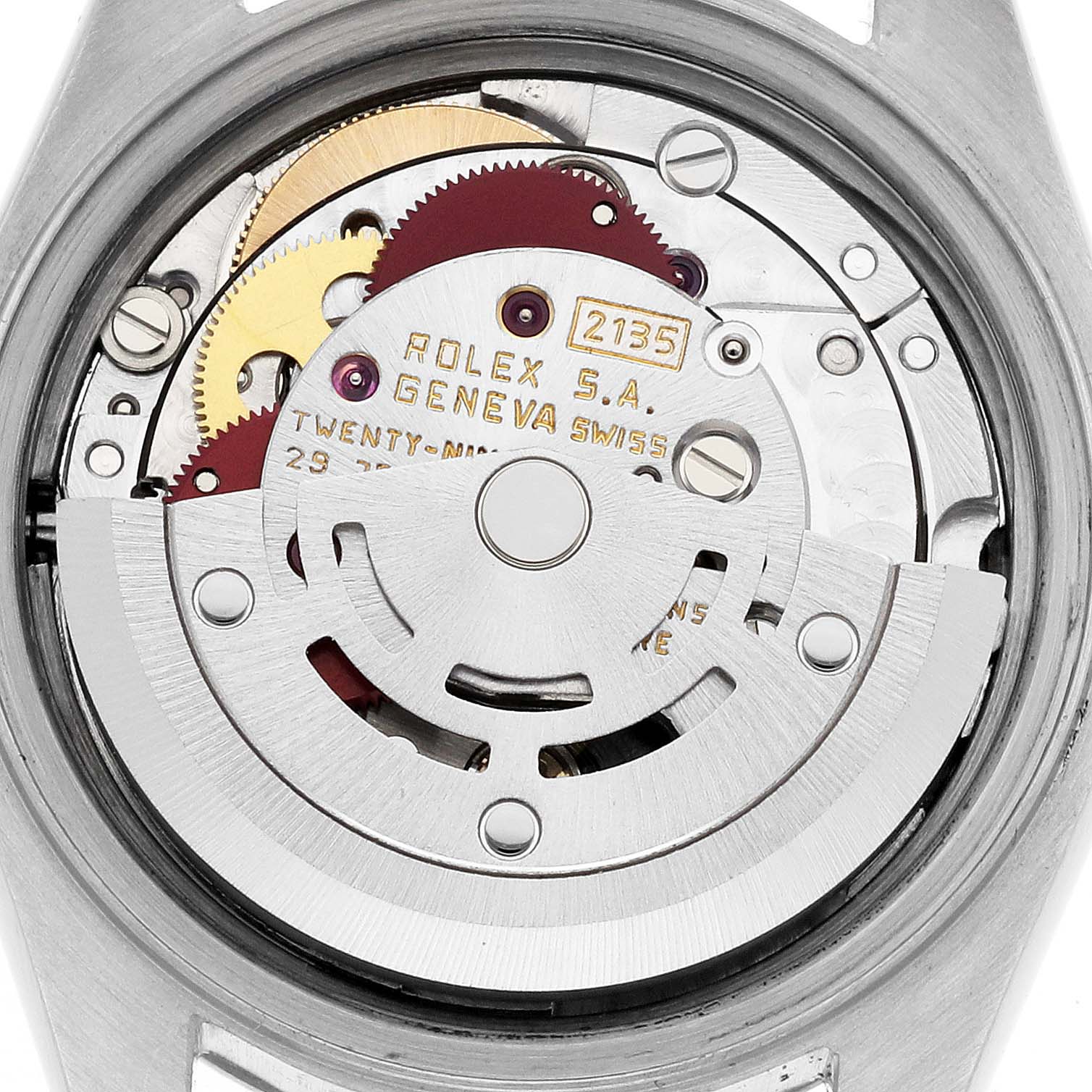 This image shows the back view of the Rolex Datejust 69173 Women's Steel and Gold (two tone) White Dial 69173 Women's Steel and Gold (two tone) White Dial watch, specifically its internal movement mechanism.