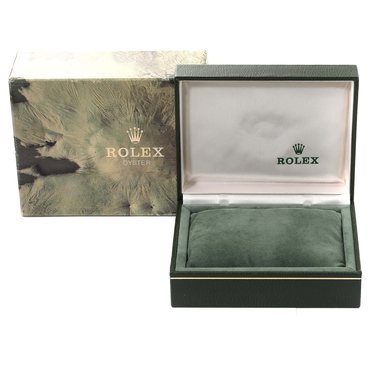 The image shows the outer box and open inner green velvet case, without the watch, for a Rolex Datejust 69173 Women's Steel and Gold (two tone) White Dial 69173 Women's Steel and Gold (two tone) White Dial model.