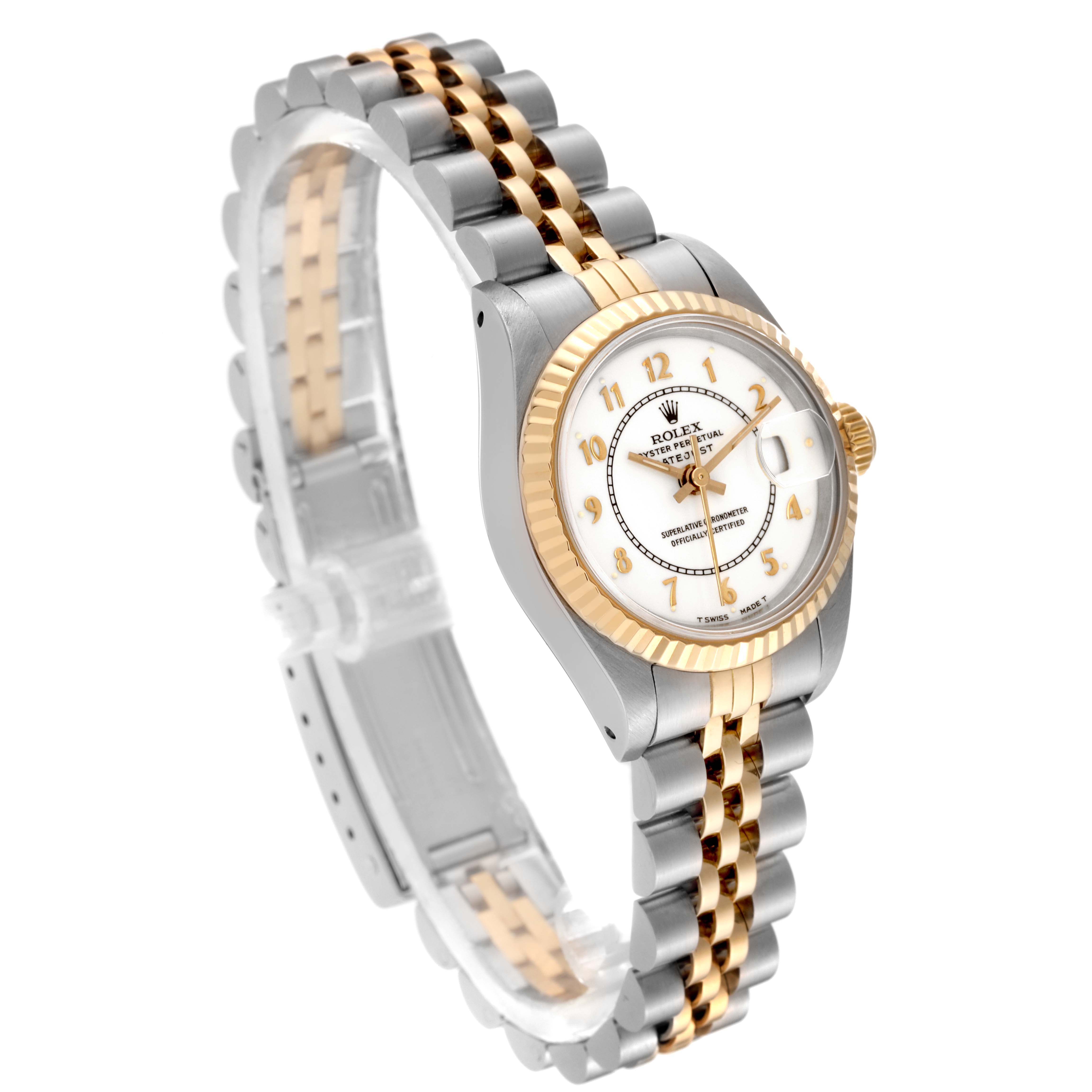 This image shows a Rolex Datejust 69173 Women's Steel and Gold (two tone) White Dial 69173 Women's Steel and Gold (two tone) White Dial watch from a three-quarter angle showcasing its dial, bezel, and two-tone bracelet.