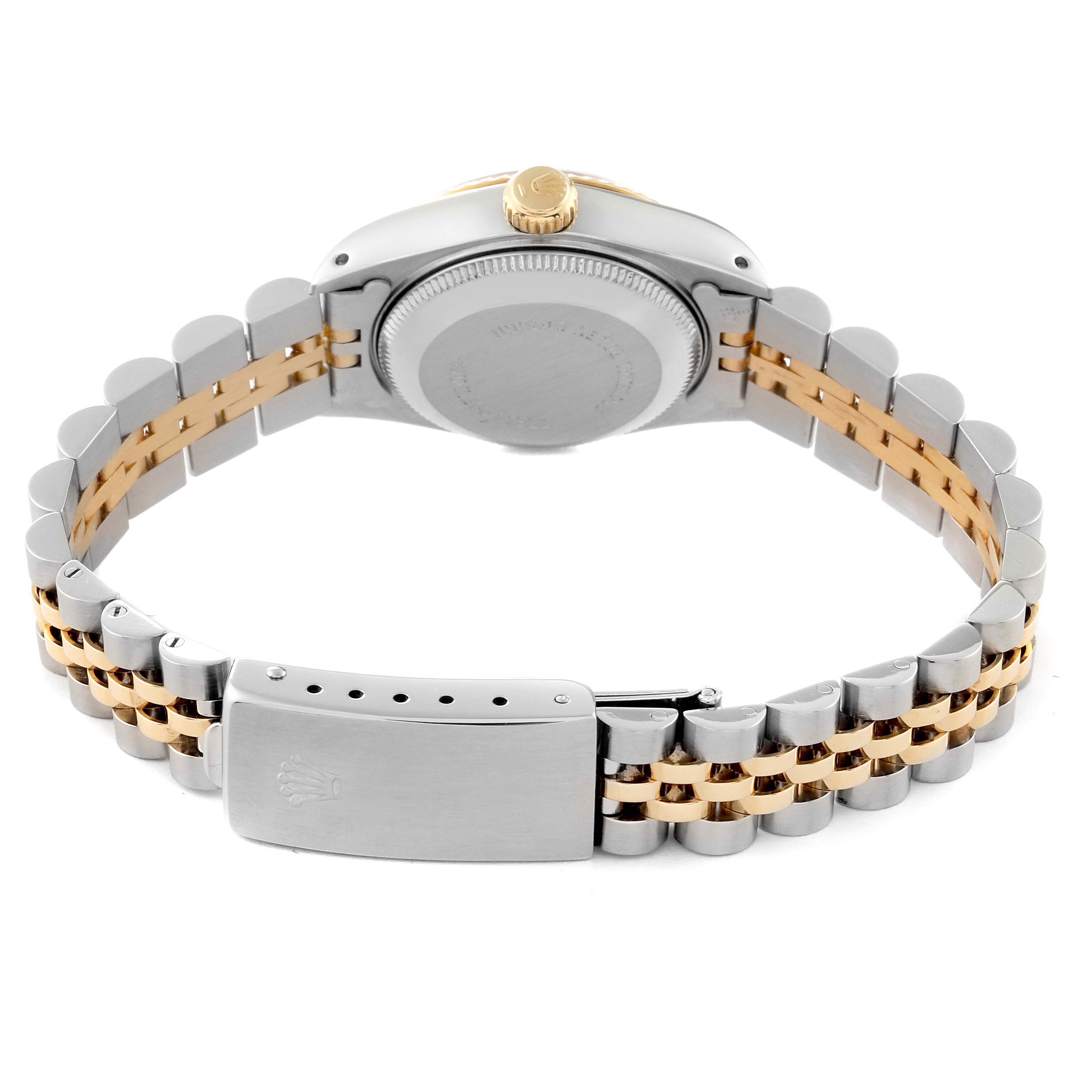 This image shows the back view of a Rolex Datejust 69173 Women's Steel and Gold (two tone) White Dial 69173 Women's Steel and Gold (two tone) White Dial watch including the stainless steel and gold jubilee bracelet and clasp.