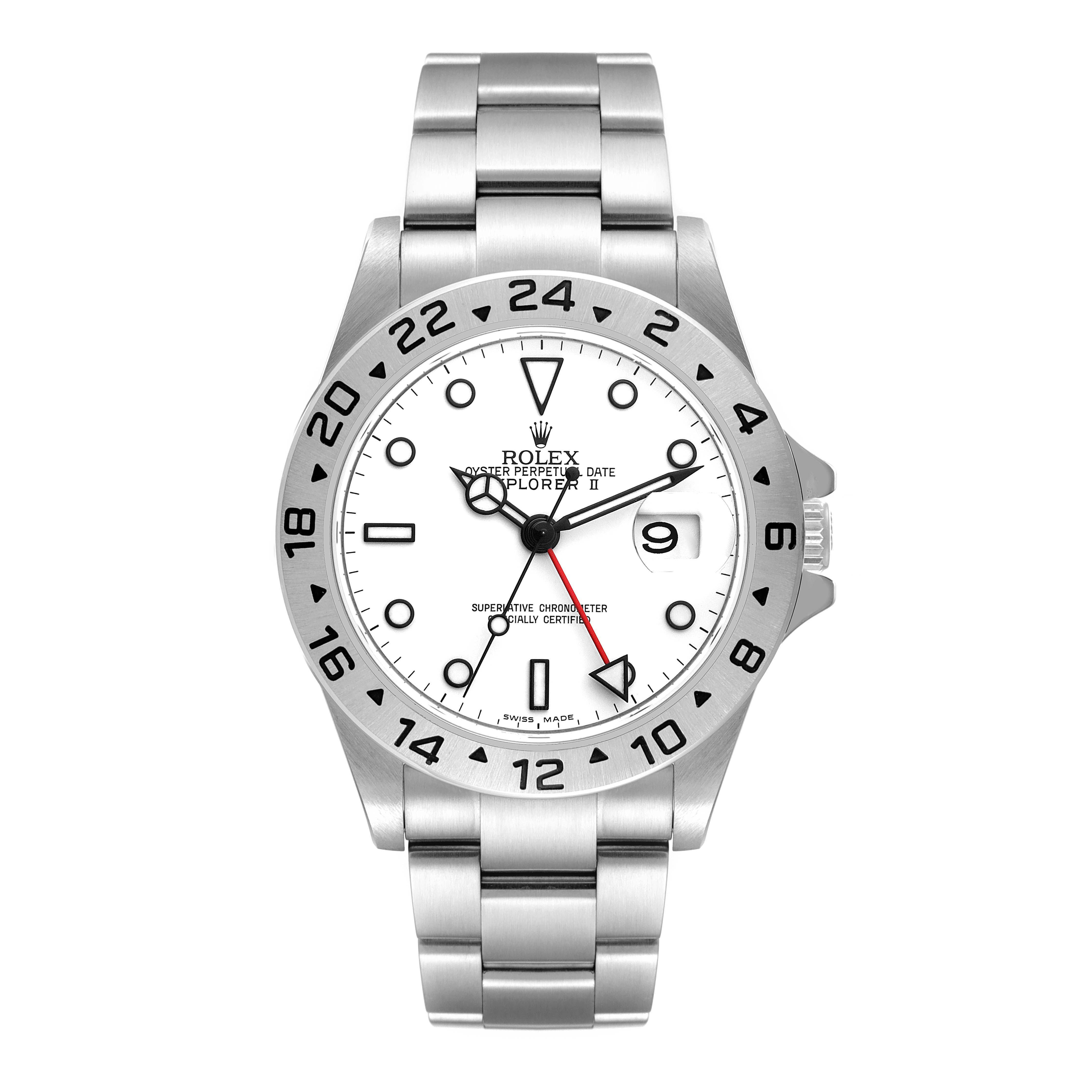 This image shows a front view of the Rolex Explorer 16570 Men
s Stainless Steel White Dial 16570 Men
s Stainless Steel White Dial watch, displaying the dial, bezel, and bracelet.
