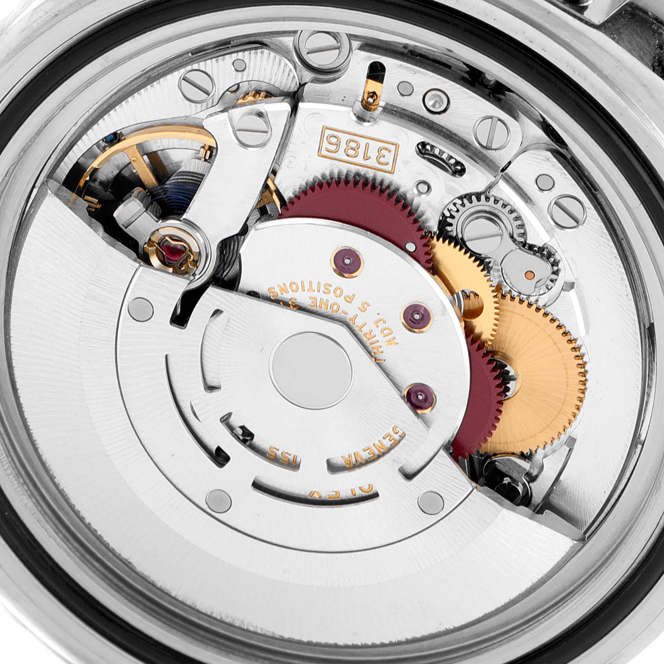 This image shows a close-up of the intricate inner mechanism of a Rolex Explorer 16570 Men
s Stainless Steel White Dial 16570 Men
s Stainless Steel White Dial watch, highlighting gears and components.