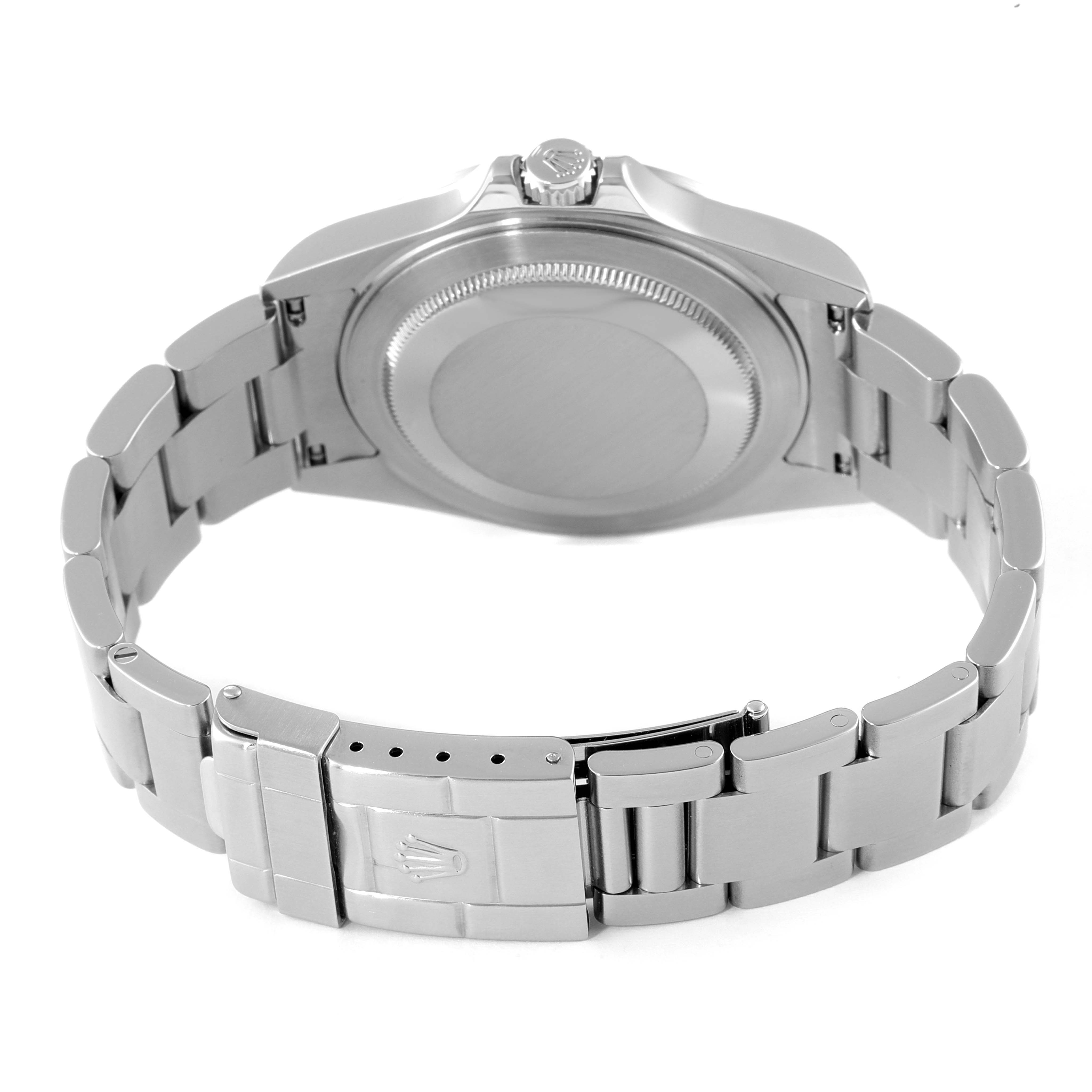 The image shows the back side of a Rolex Explorer 16570 Men
s Stainless Steel White Dial 16570 Men
s Stainless Steel White Dial watch, emphasizing the bracelet, clasp, and case back.